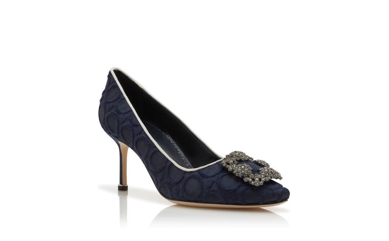 Navy Blue Silk Jewel Buckle Pumps - 3