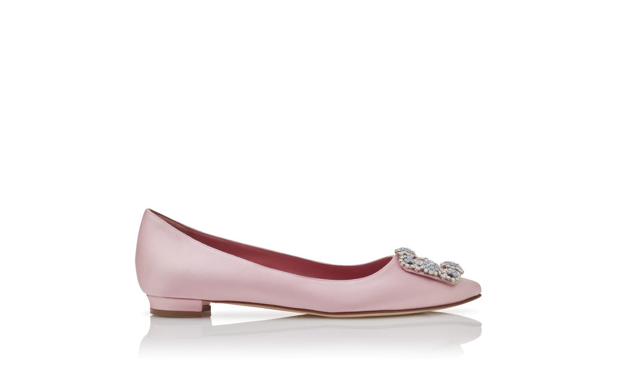 Light Pink Satin Jewel Buckle Flat Pumps - 1