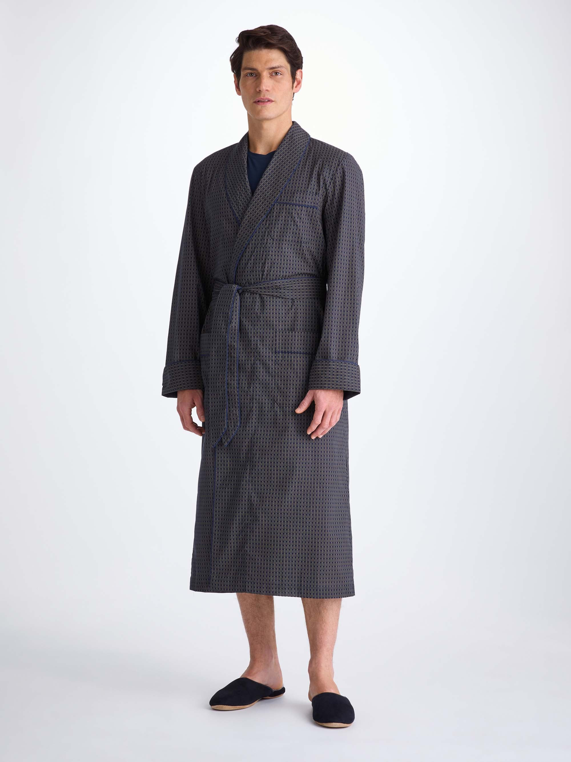 Men's Robe Cotton Batiste Navy Jungle Leaf Print - 2