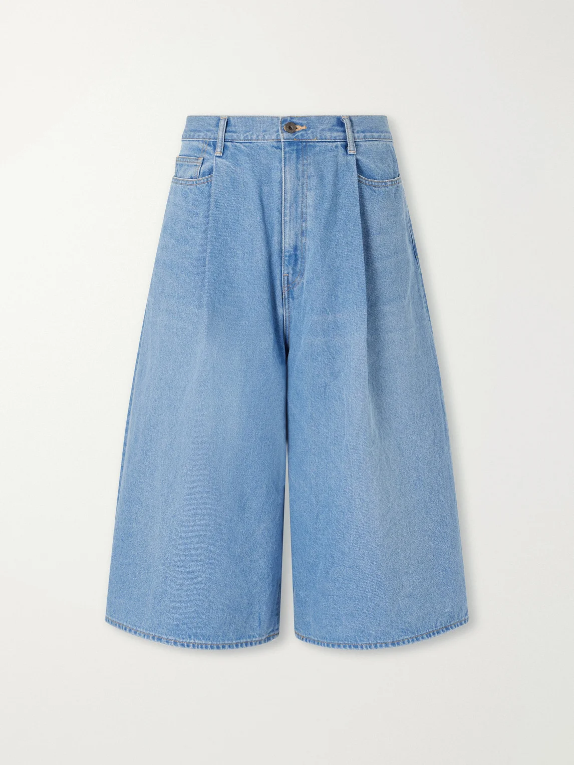 Wide-Leg Pleated Denim Shorts - 1