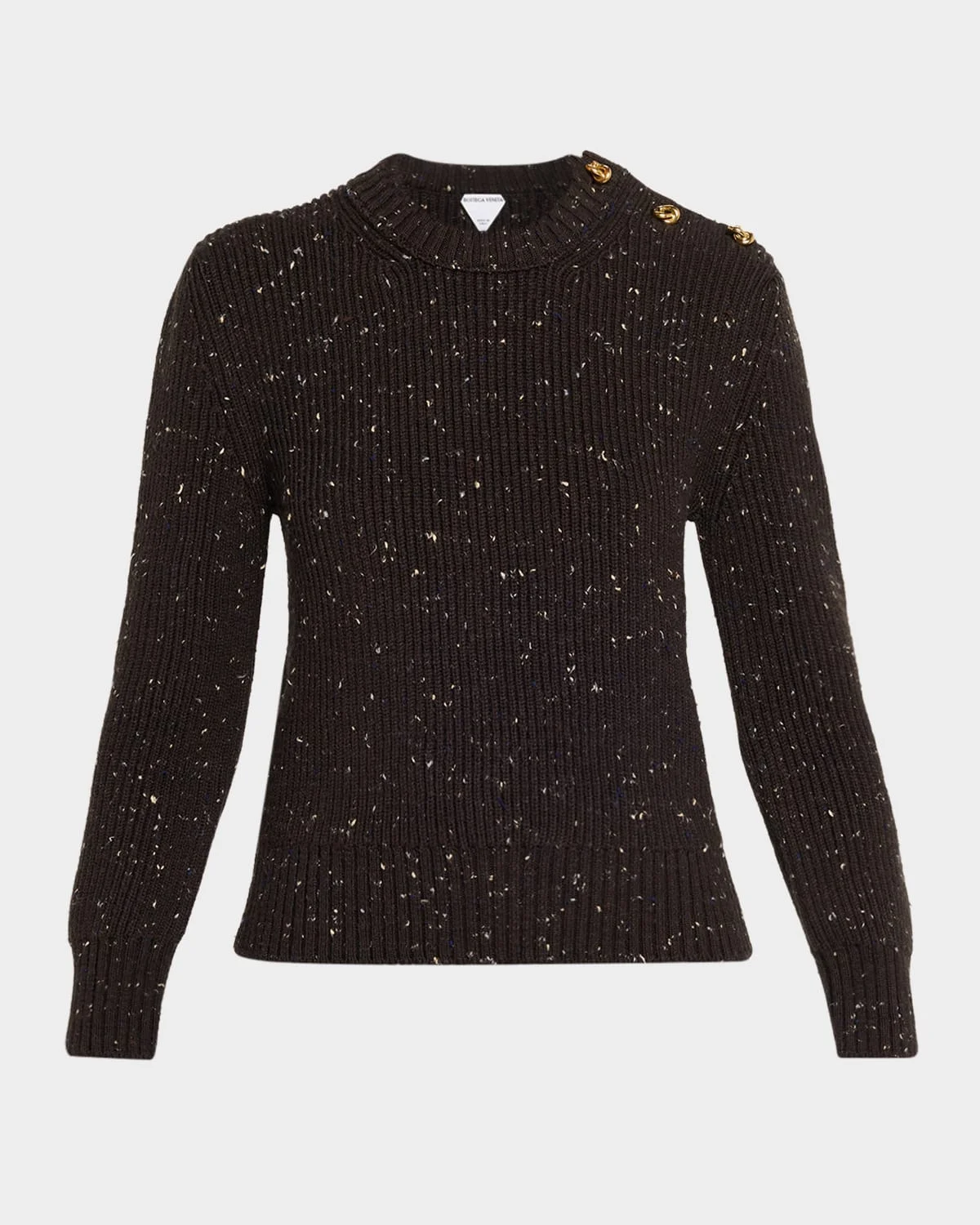 Button-Shoulder Speckled Rib Crewneck Sweater - 1