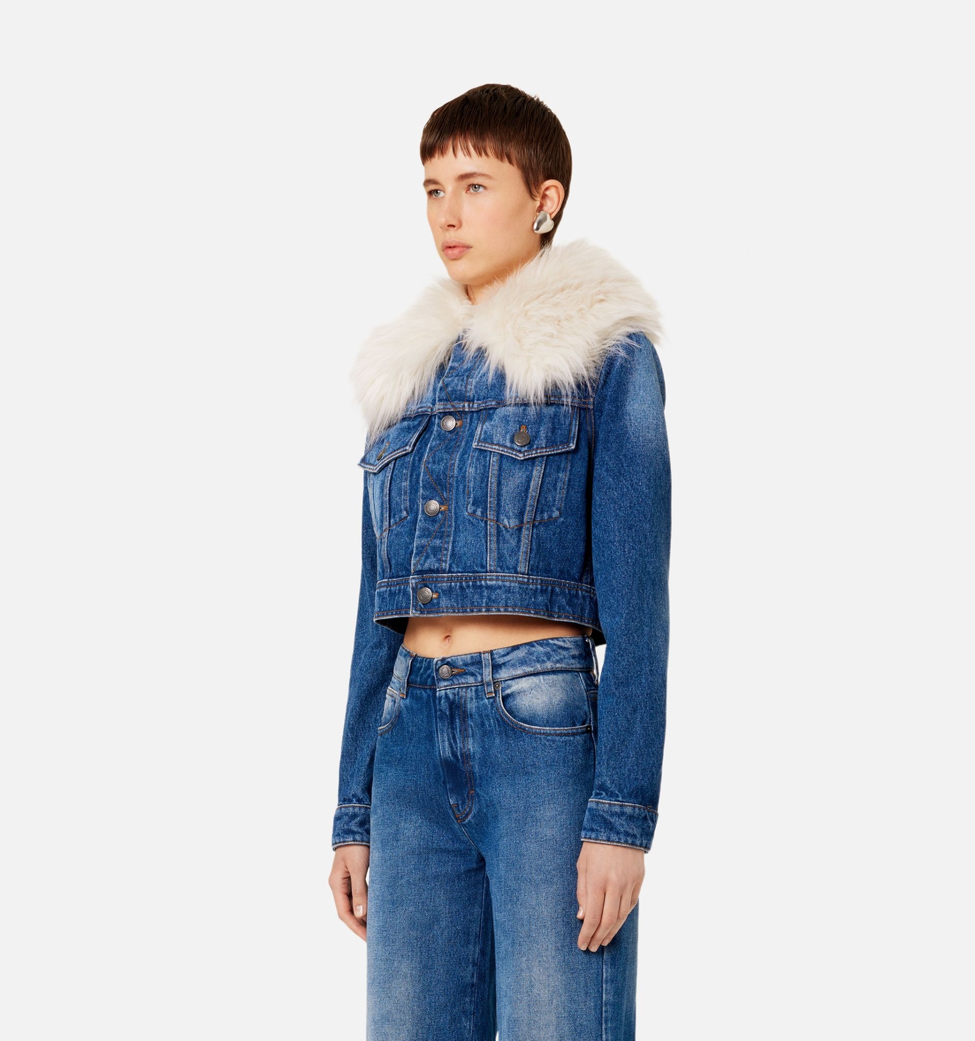 Denim Jacket With Synthetic Fur Collar - 4