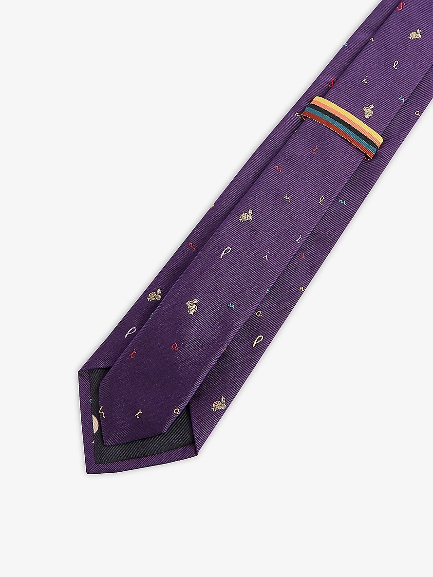 Rabbit-embroidered wide-blade silk tie - 4
