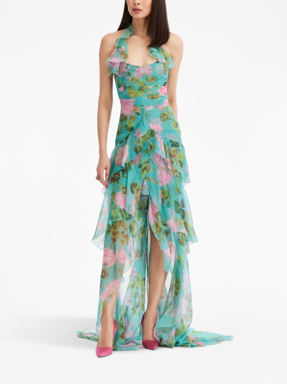Geranium-print ruffled chiffon gown - 3