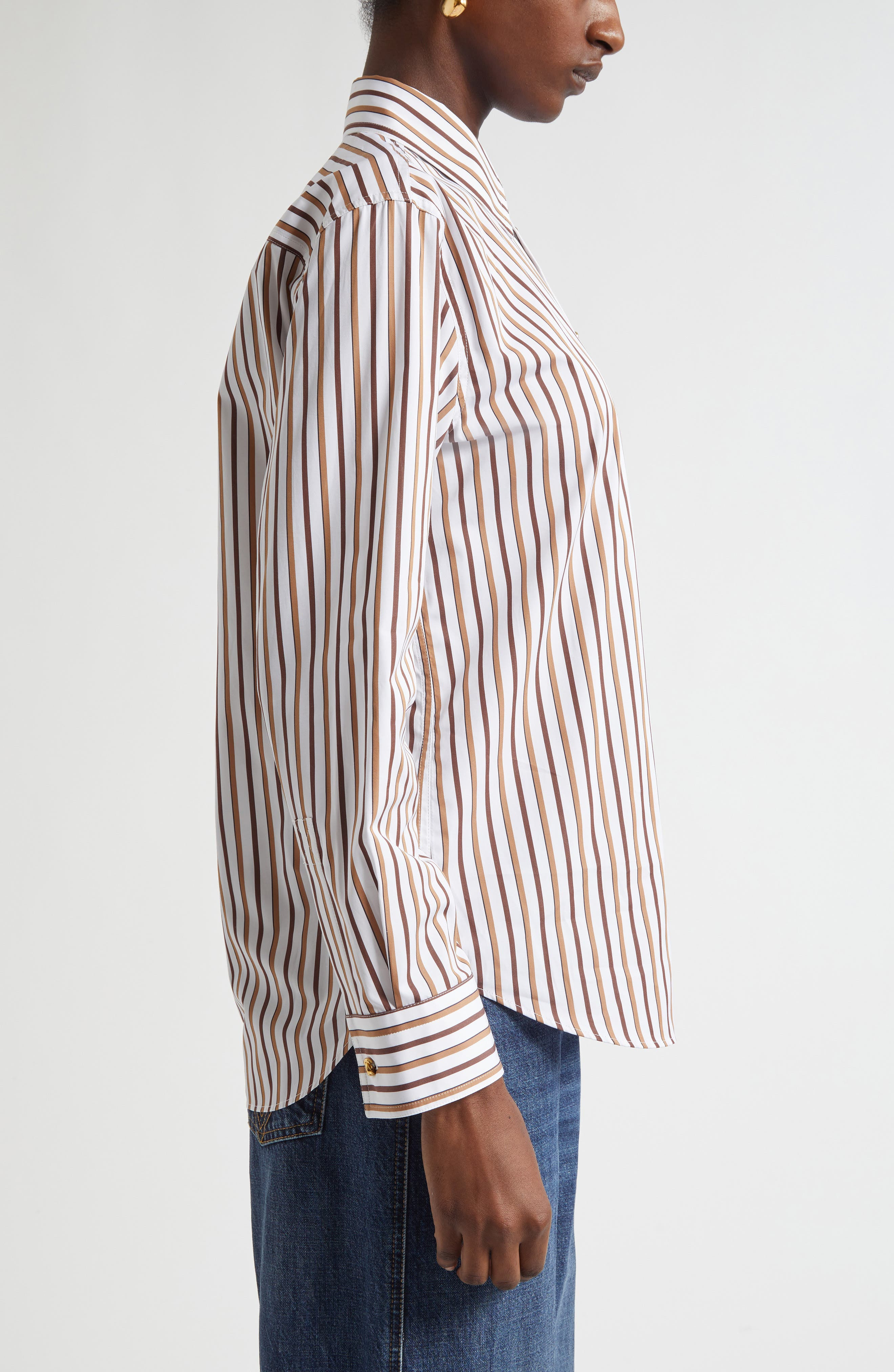 Bottega Veneta Bold Stripe Cotton Poplin Button-Up Shirt in 9070 Chalk/Toffee/Brown at Nordstrom - 4