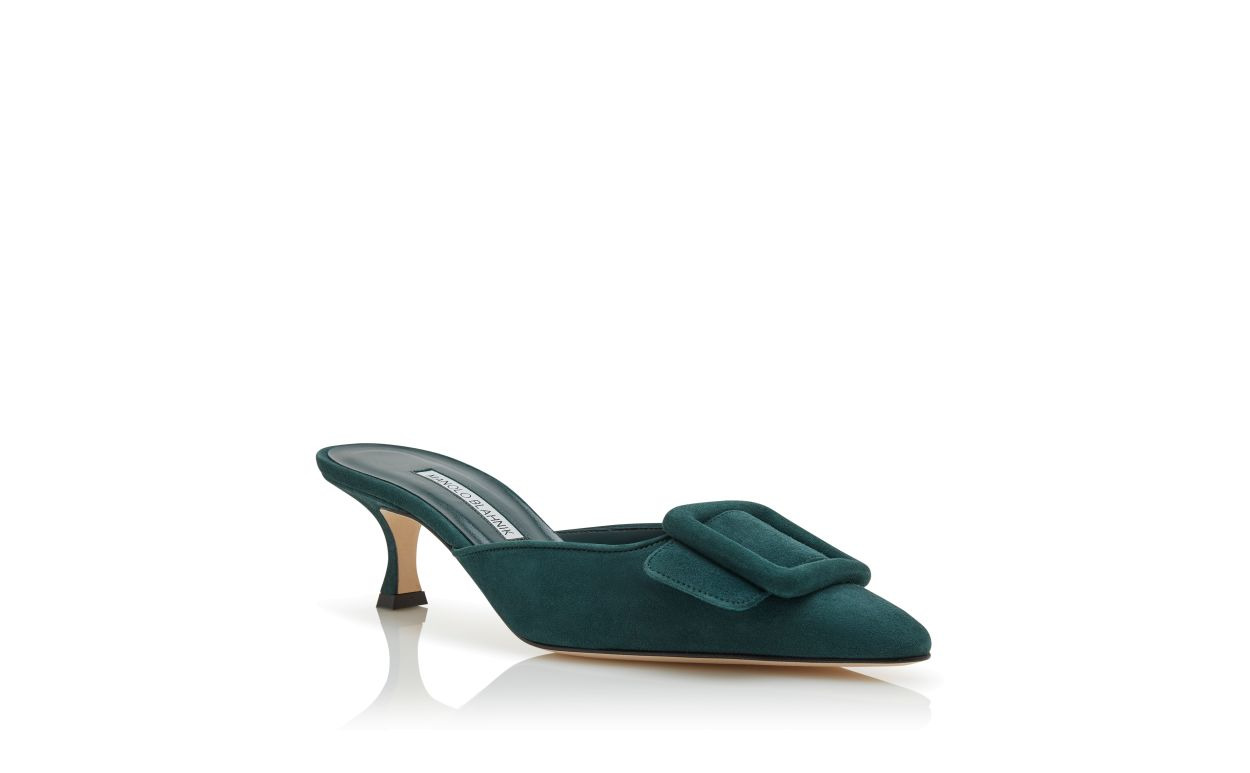 Dark Green Suede Buckle Detail Mules - 3