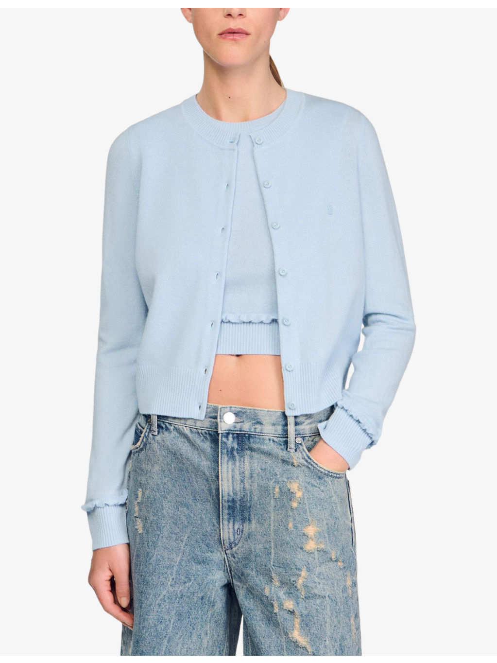 Round-neck ruffle-cuff wool and cashmere cardigan - 3