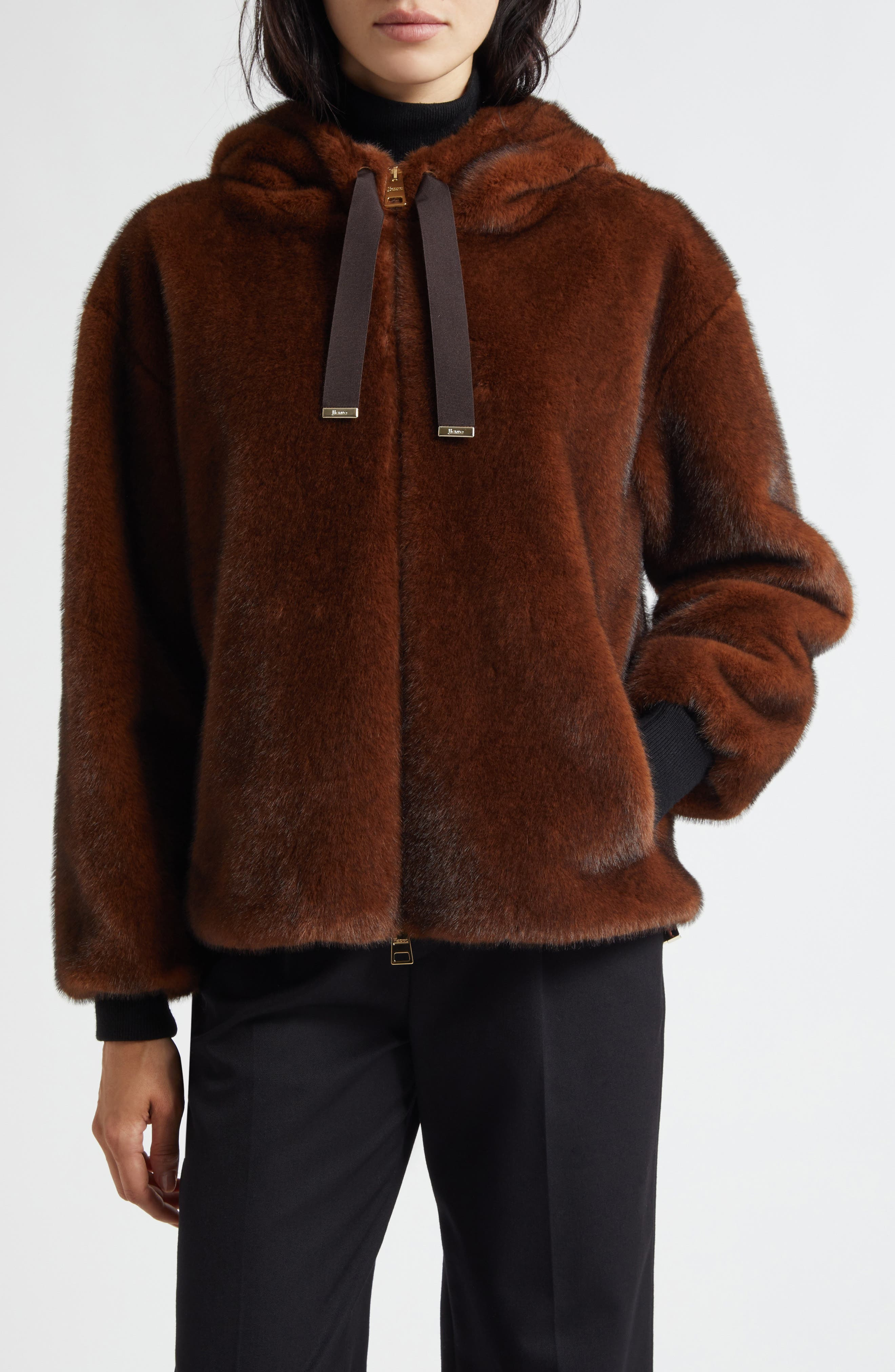 Herno Mink Faux Fur Hooded Blouson Jacket in Marrone Scuro at Nordstrom - 1