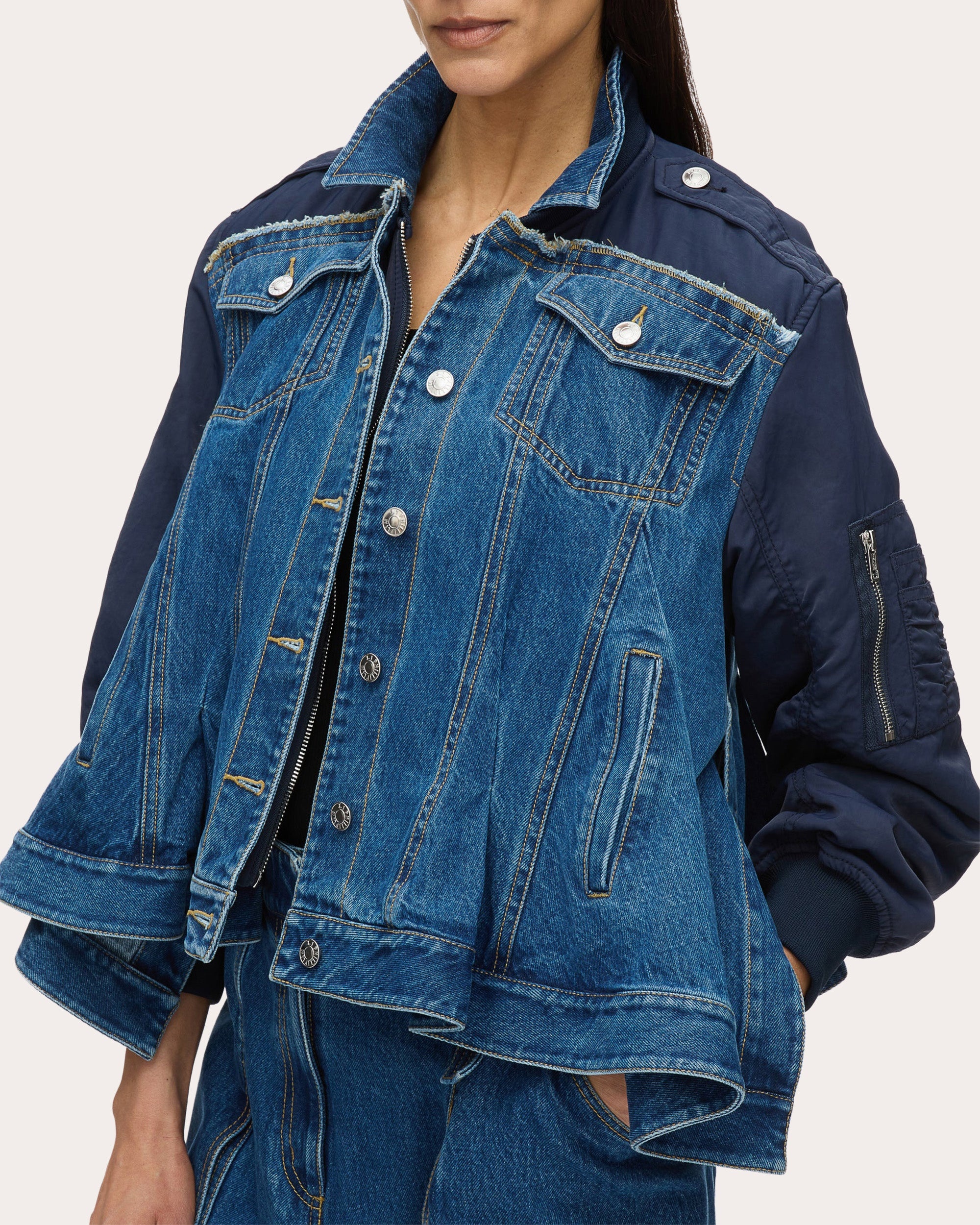 Ruffle-Hem Paneled Denim Flight Jacket - 3