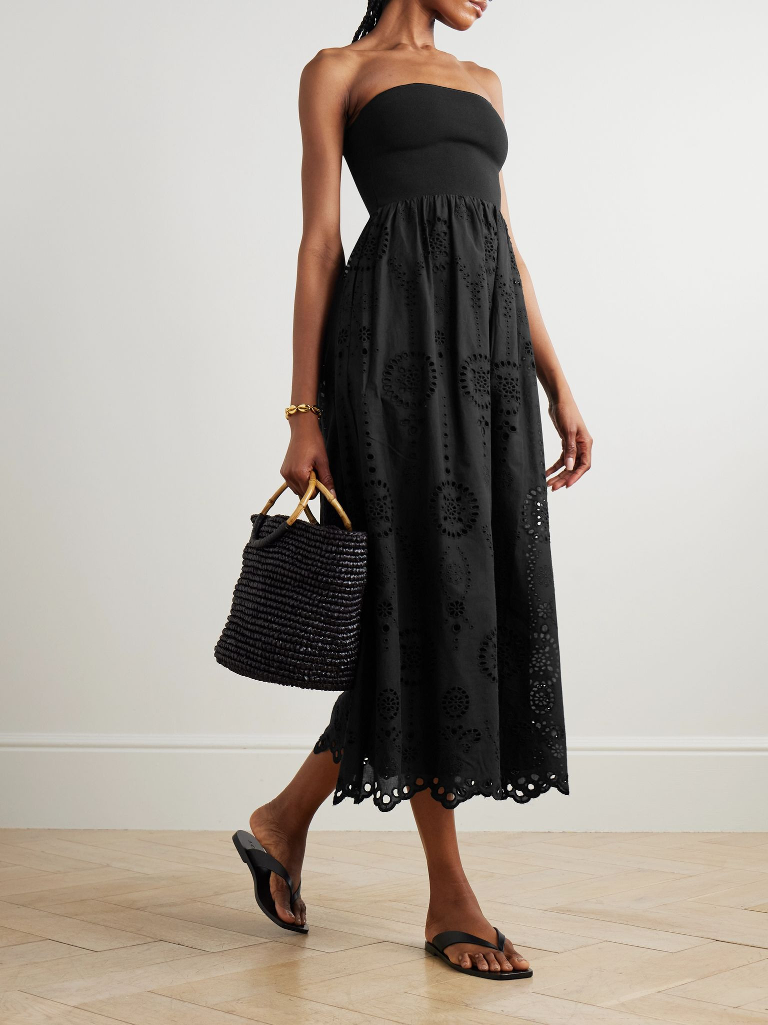 Strapless broderie anglaise organic cotton and stretch-knit midi dress Black - 2