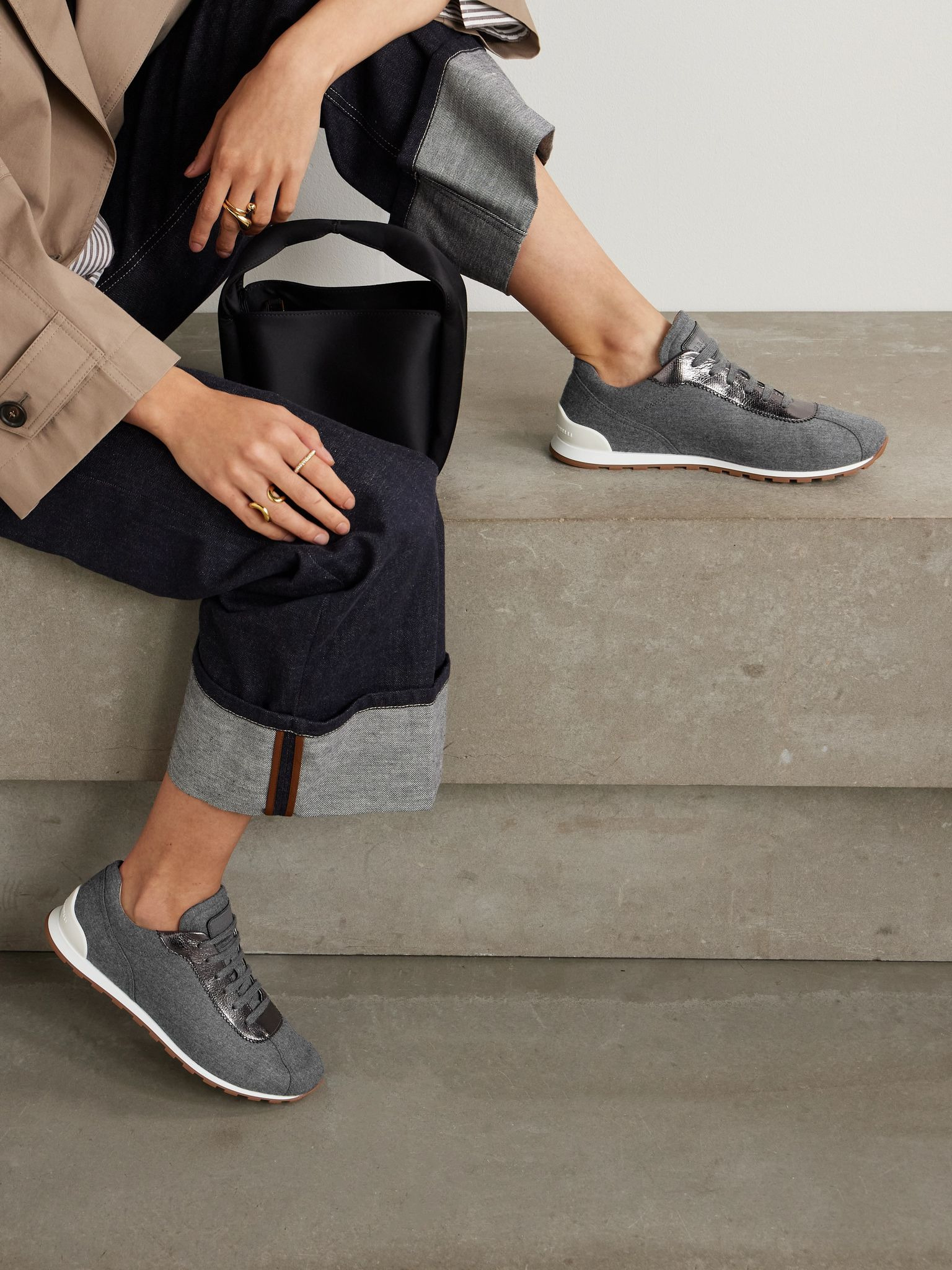 Metallic leather-trimmed wool sneakers Gray - 2