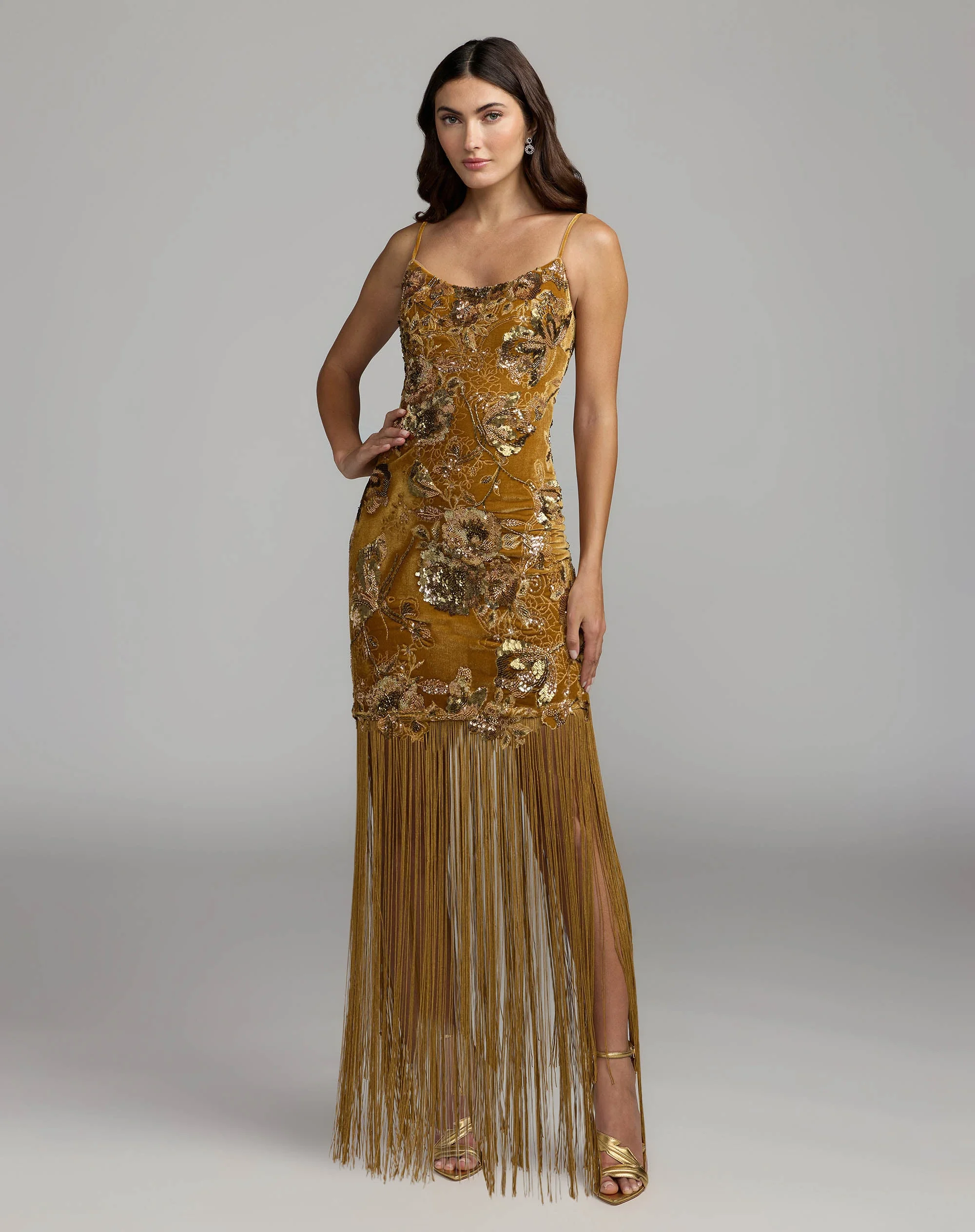Gold Embellished Velvet Fringe Maxi Dress - 1