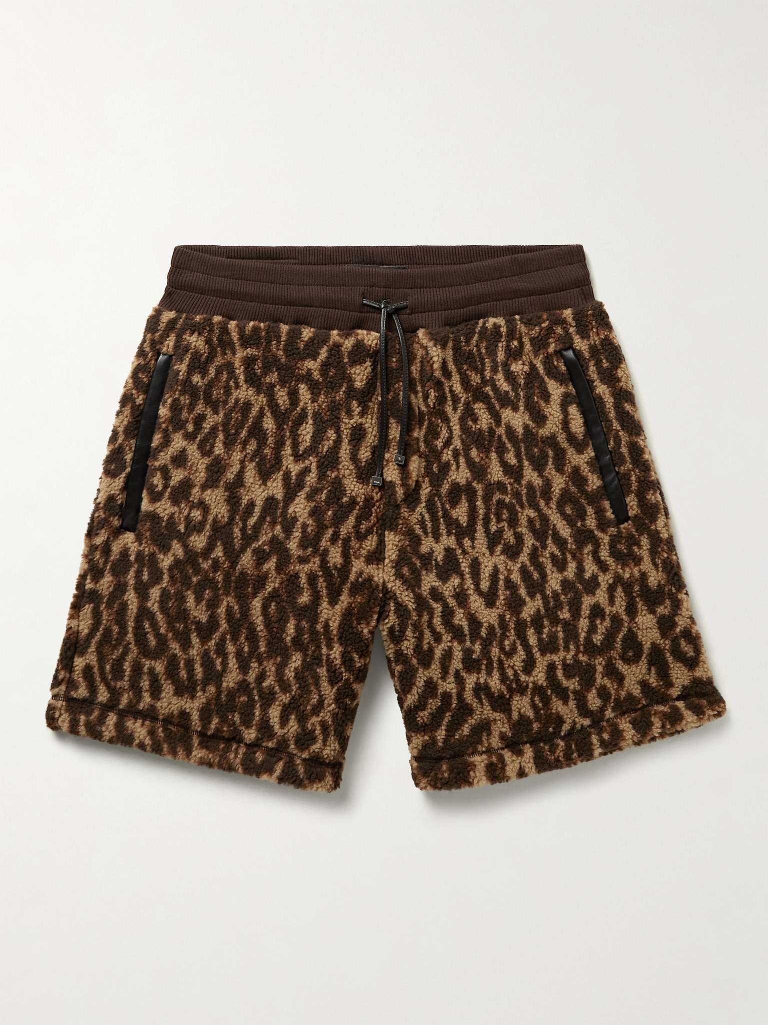 Wide-Leg Leather-Trimmed Leopard-Print Fleece Shorts - 1