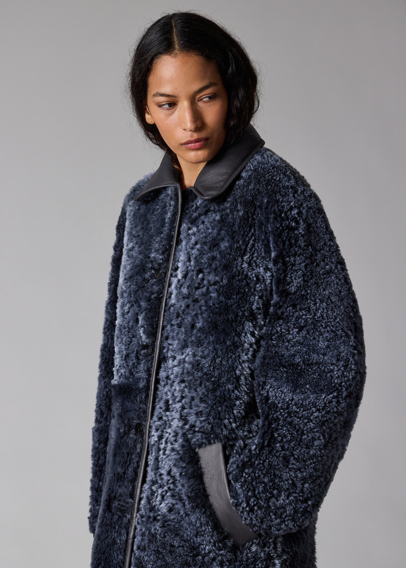 Women's Navy Reversible Leather and Shearling Coat 22