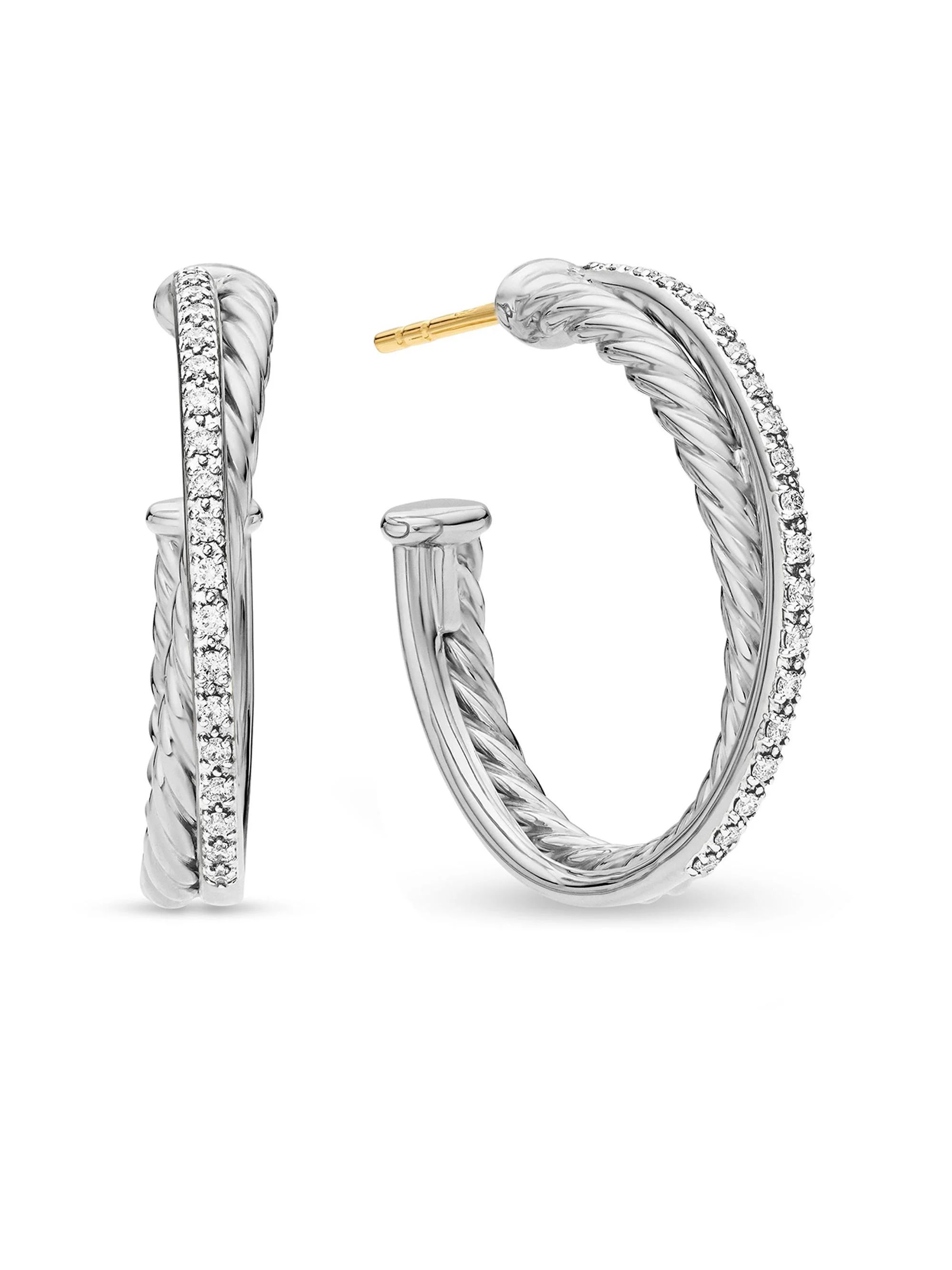 Women's Crossover Hoop Earrings in Sterling Silver with Diamonds, 26.5mm - Diamond - 1