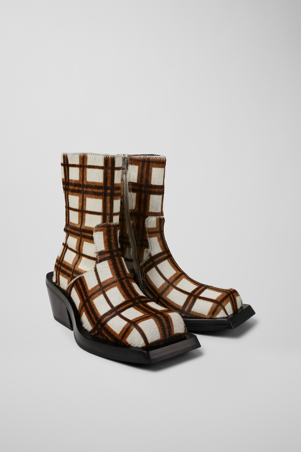 Cream-brown tartan hair-on-leather boots - 2