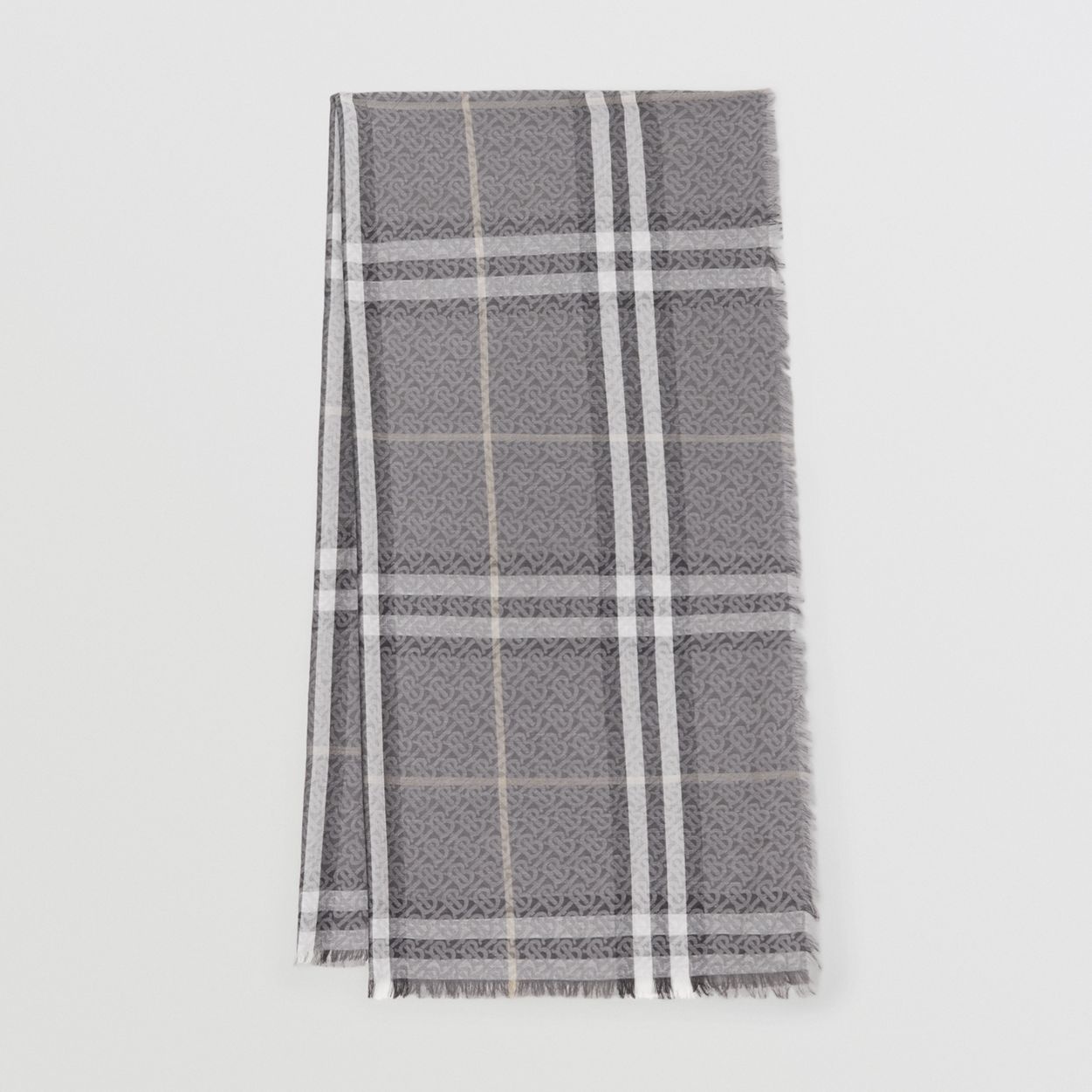 Lightweight Monogram and Check Wool Silk Scarf - 1