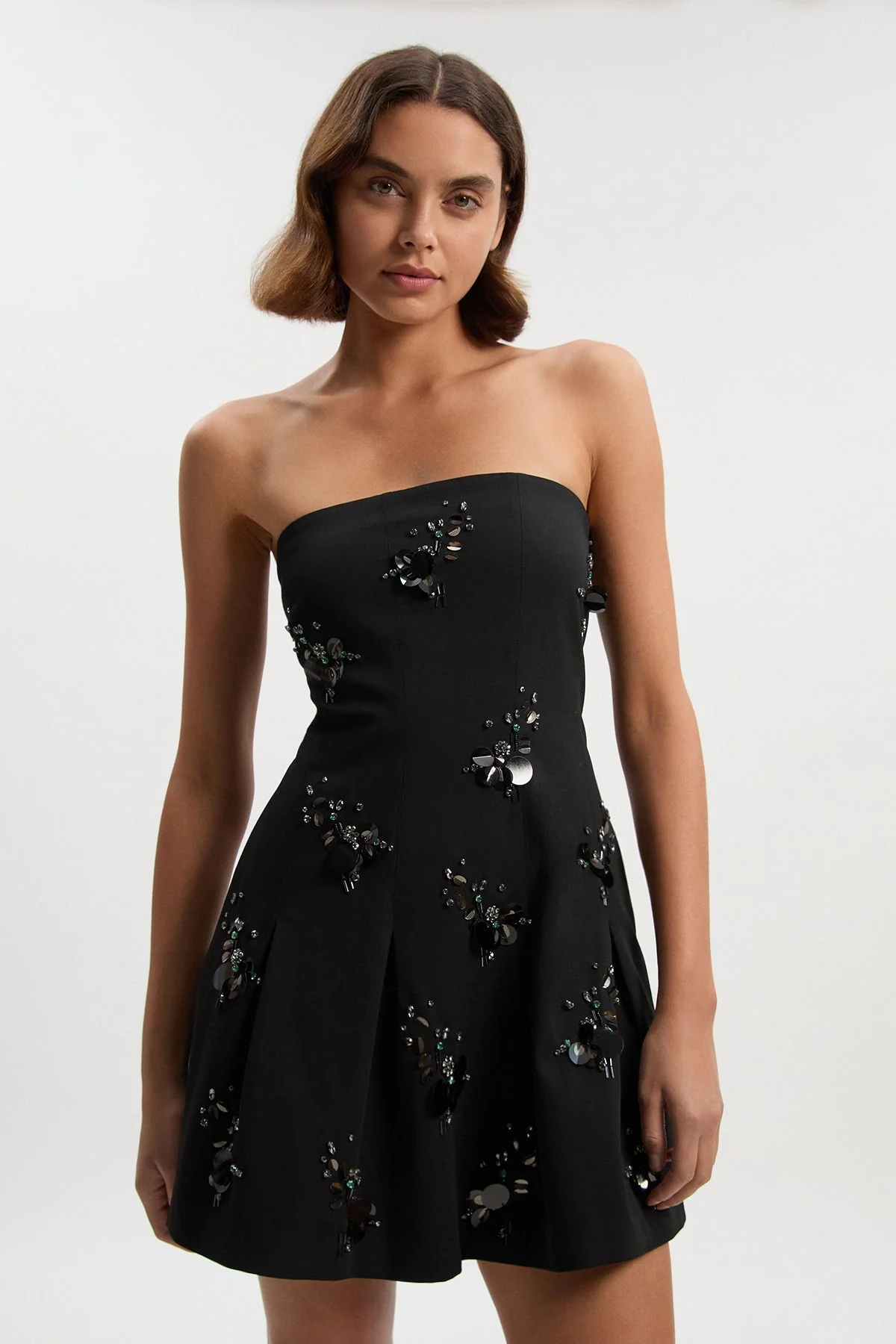 Petite Cluster Sequin & Crystal Embellished Bandeau Tailored Mini Dress - 1