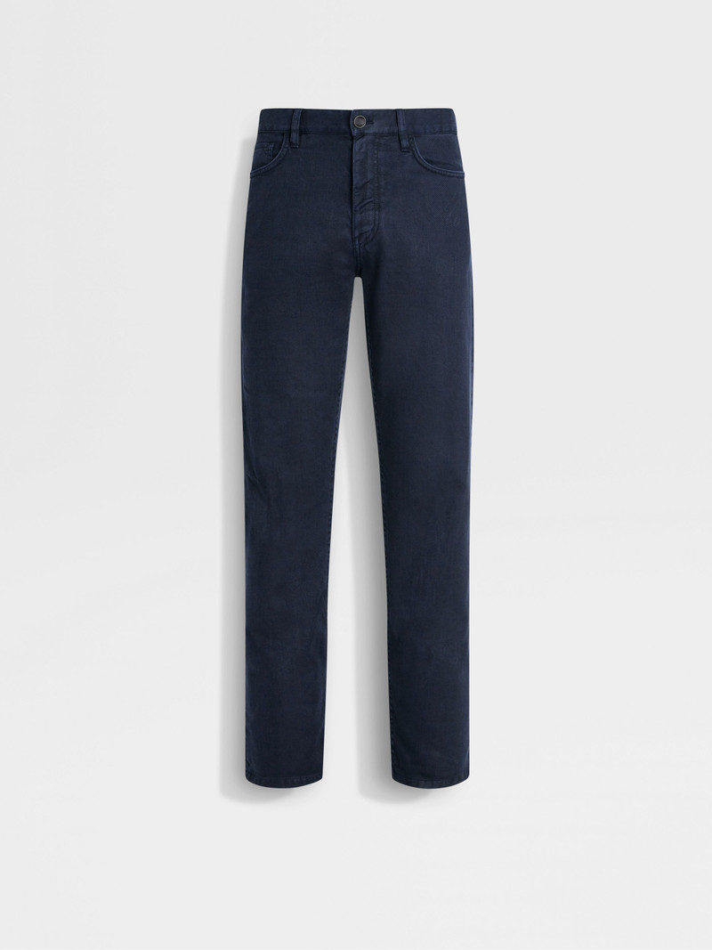 NAVY BLUE STRETCH COTTON AND LINEN ROCCIA JEANS 1