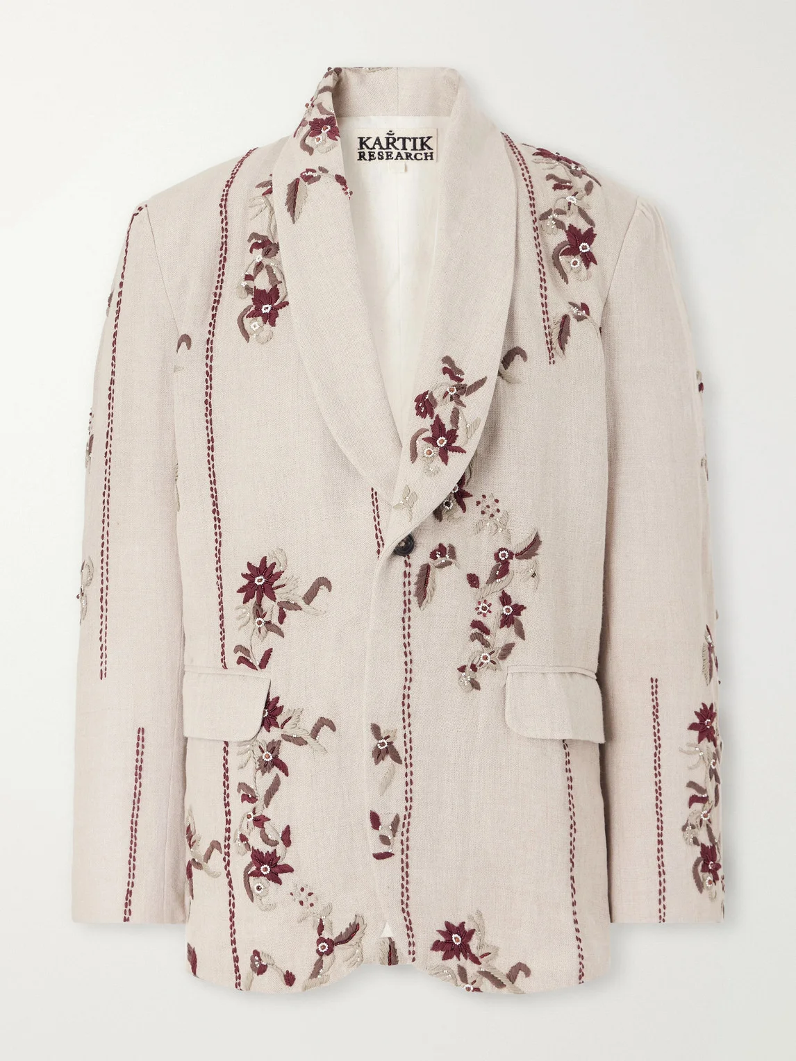 Bead-Embellished Embroidered Shawl-Collar Linen Blazer - 1
