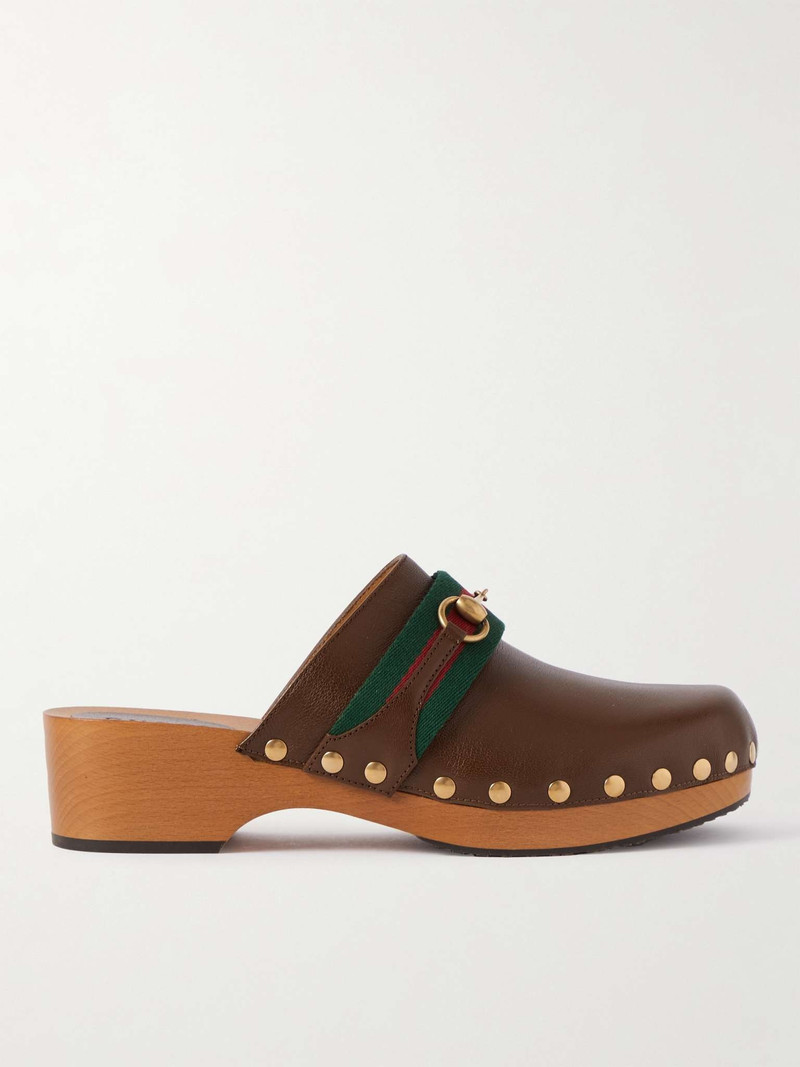 Horsebit Webbing-Trimmed Leather Clogs 1