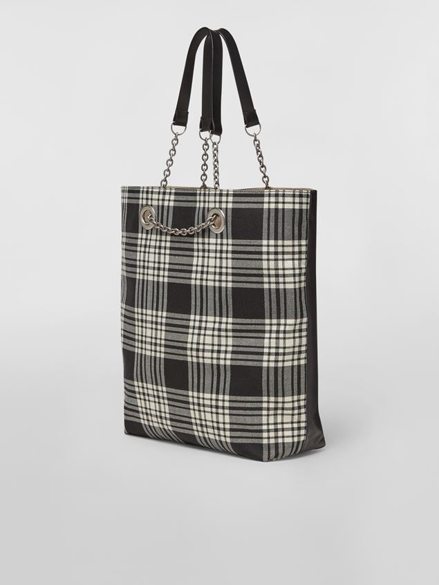 CHECK WOOL SHOPPING BAG WITH LEATHER HANDLES - 1