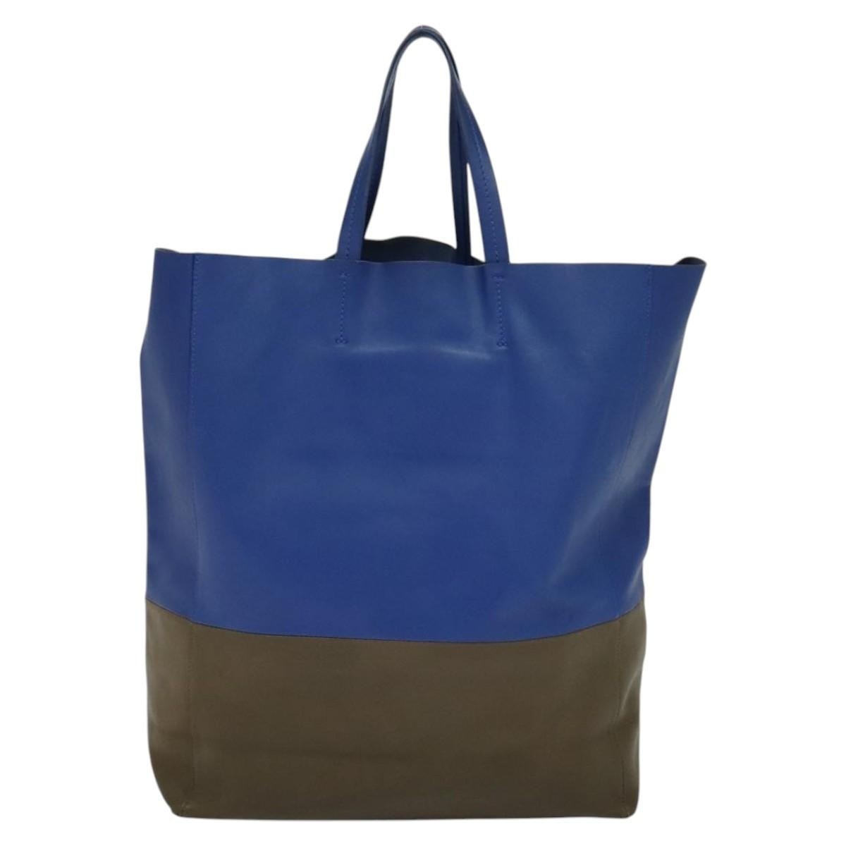 CELINE Vertical Cabas Hand Bag Leather Blue Brown - 3