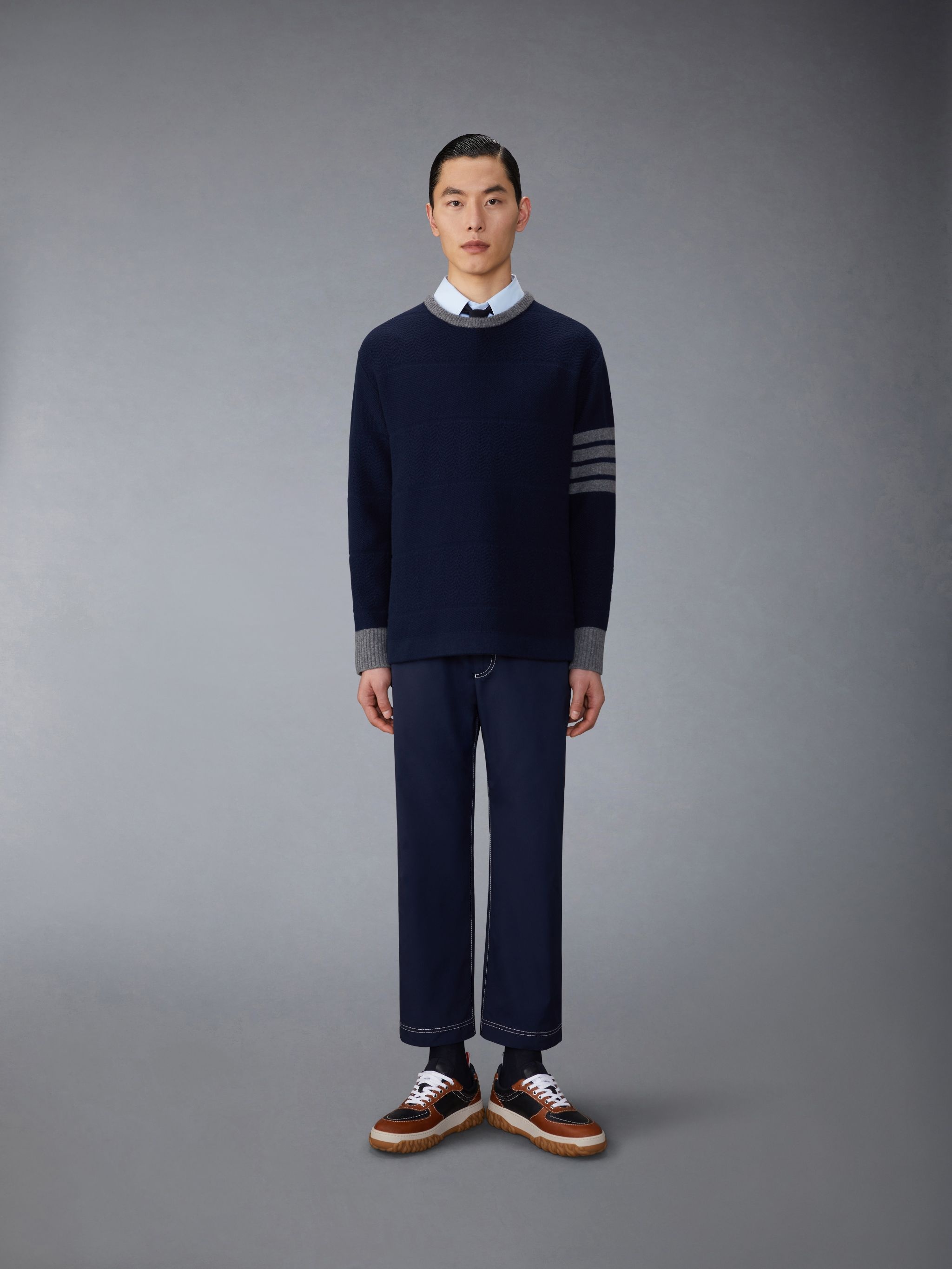 Merino Wool 4-Bar Textured Rugby Stripe Crew Neck Pullover - 4