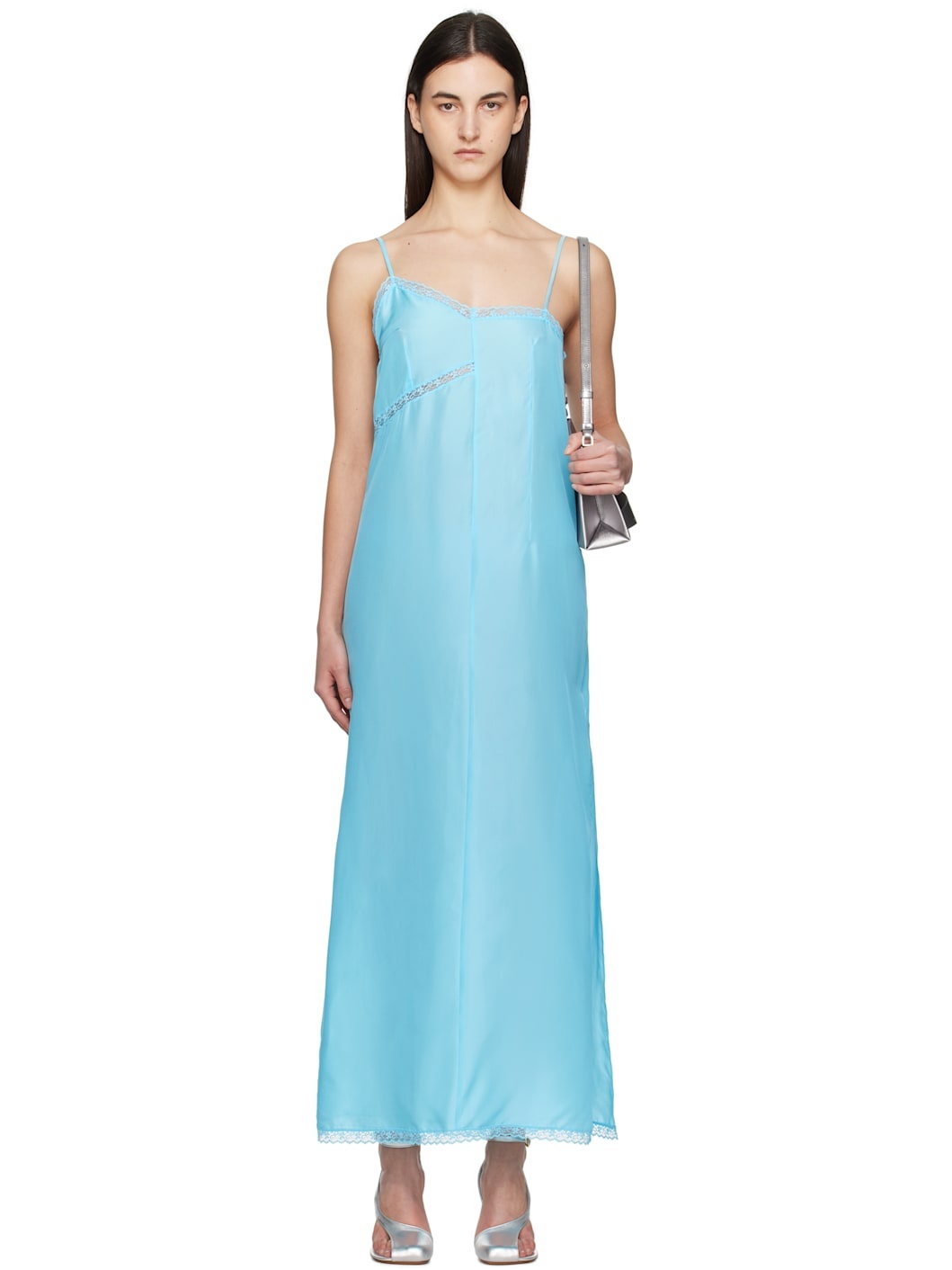 Blue Light Silk Lace Camisole Maxi Dress - 1