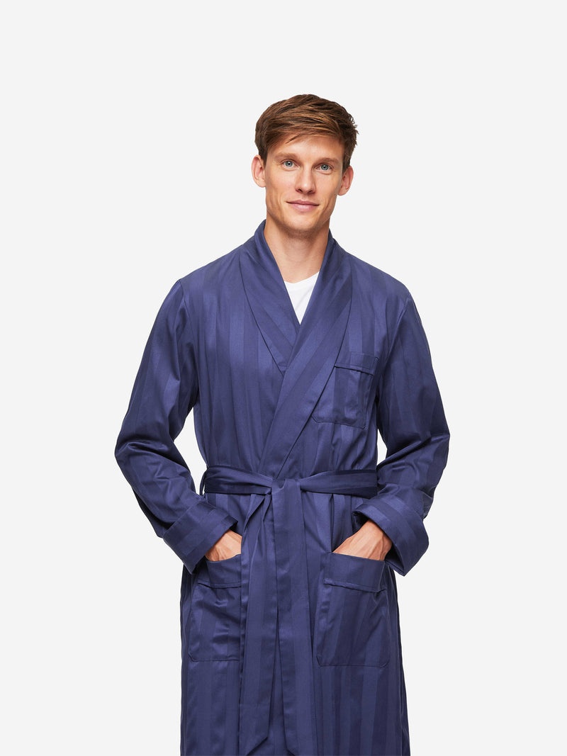 Men's Dressing Gown Lingfield Cotton Satin Navy - 2