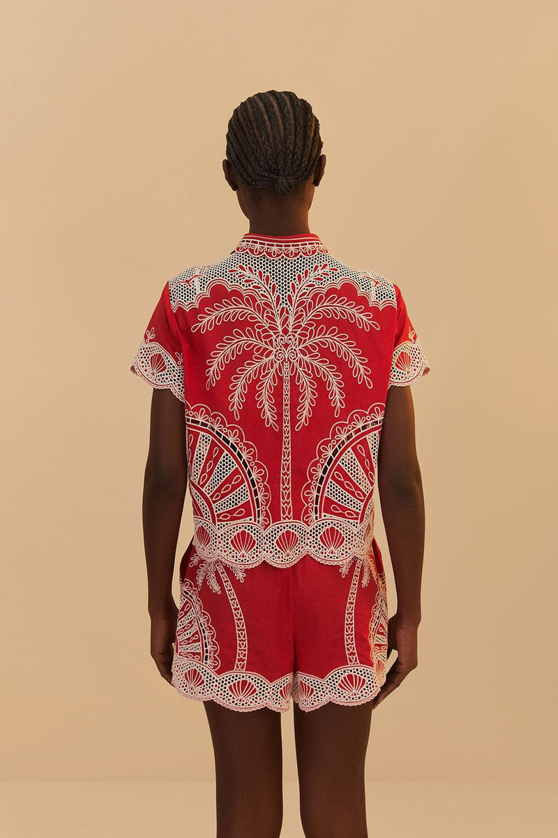 Red Palm Trees Embroidered Organic Cotton Shirt 4