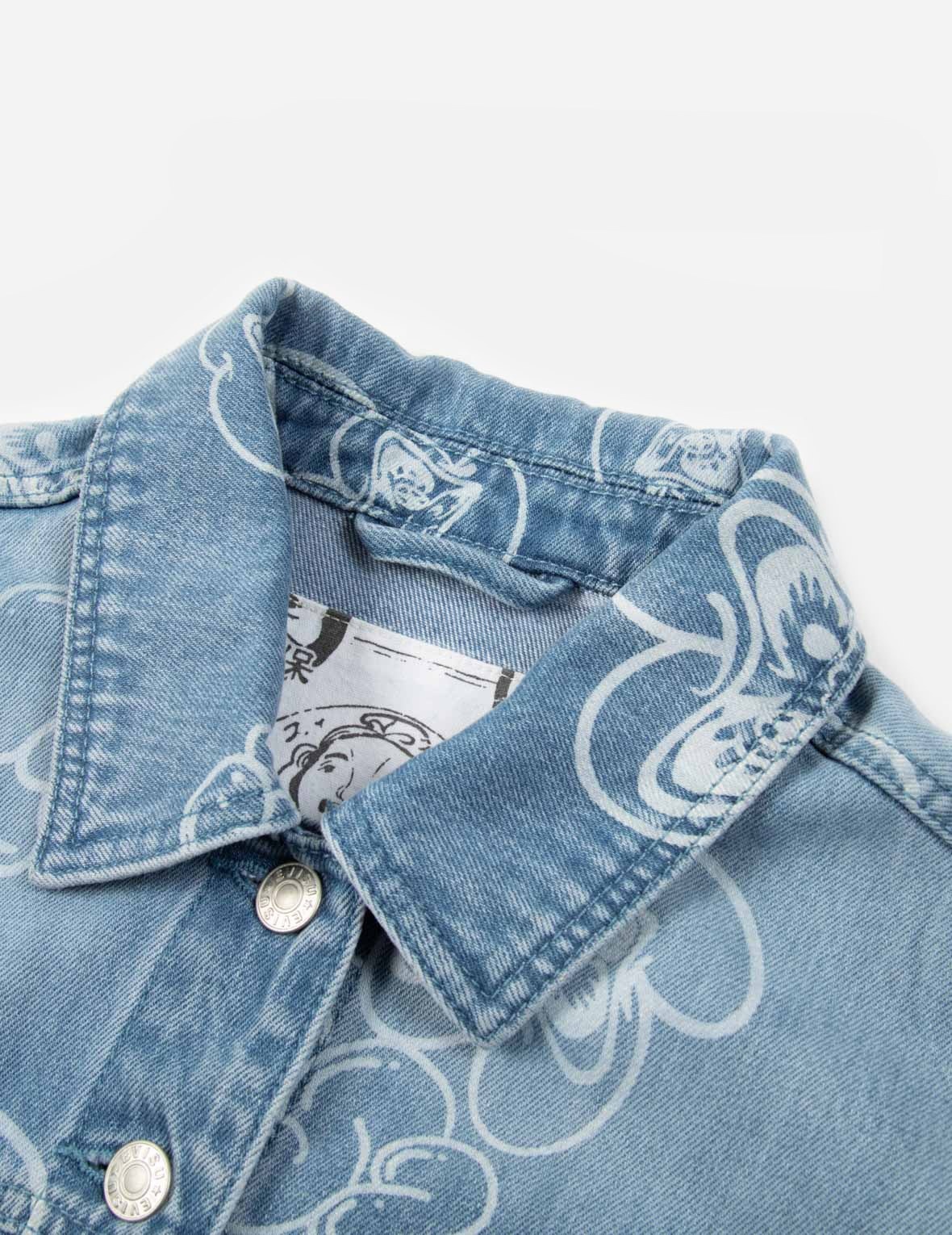 GRAFFITI DARUMA AND LOGO ALLOVER DISCHARGED PRINT DENIM JACKET - 8