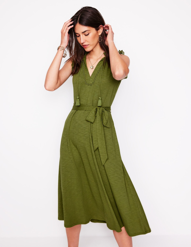 Aria Broderie Trim Midi Dress-Deep Olive 5
