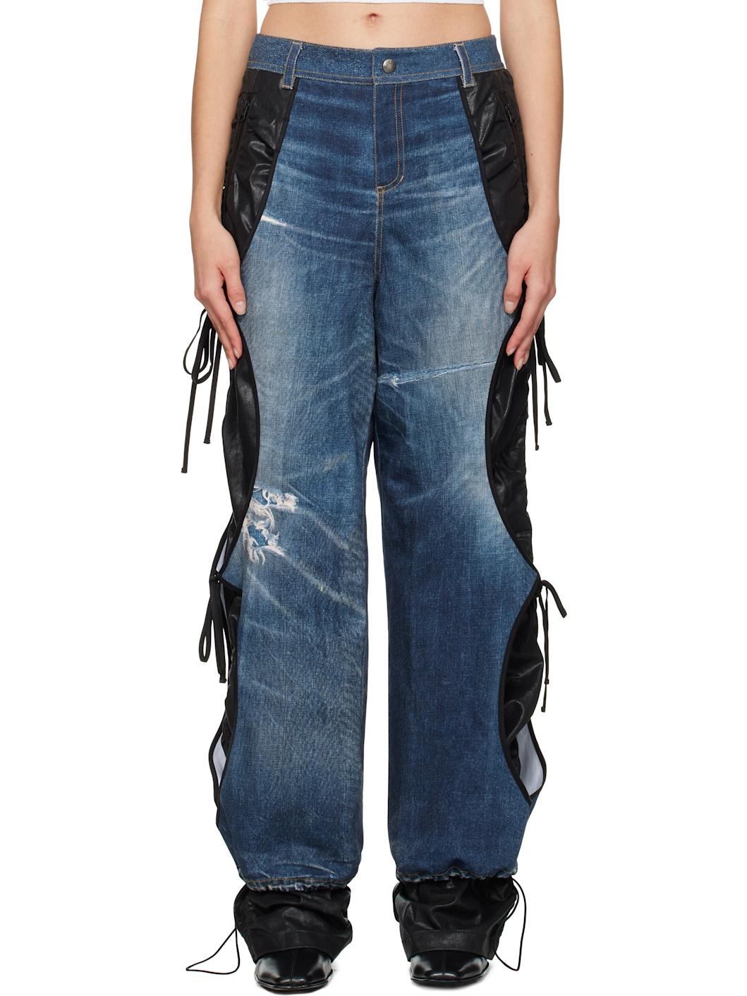 Blue & Black Trompe L'œil Layered Tying Jeans - 1