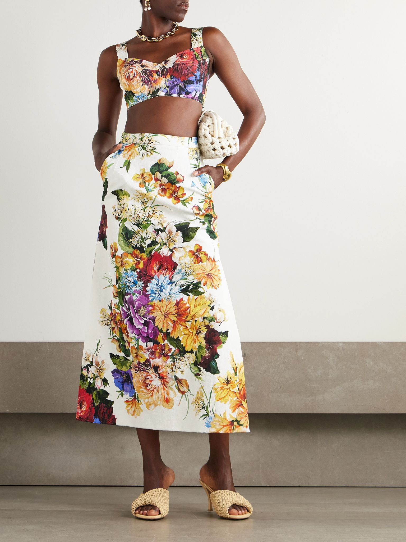 Cropped poplin-trimmed floral-print crepon bustier top White - 2