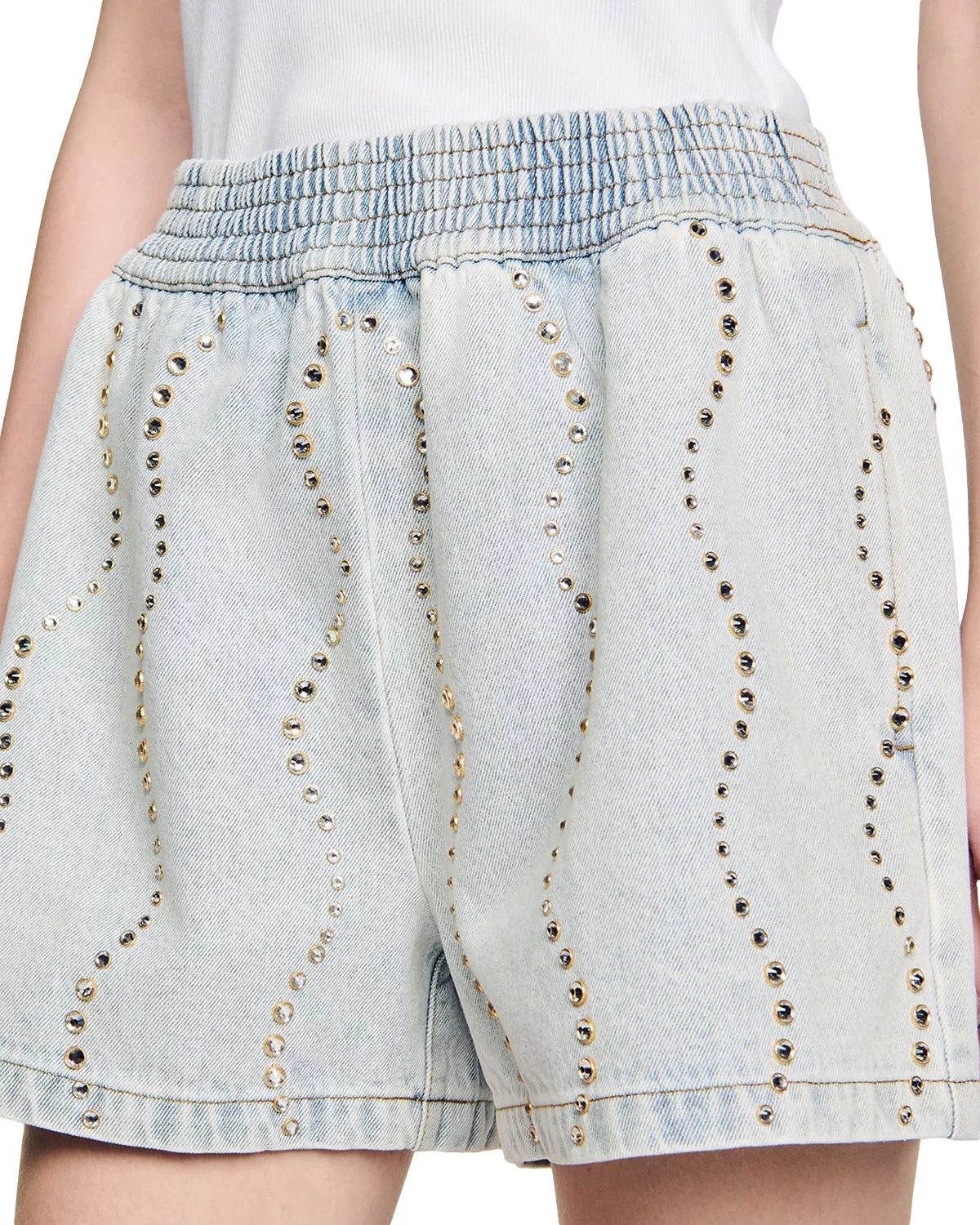 Beaded Rhinestone Denim Shorts - 4