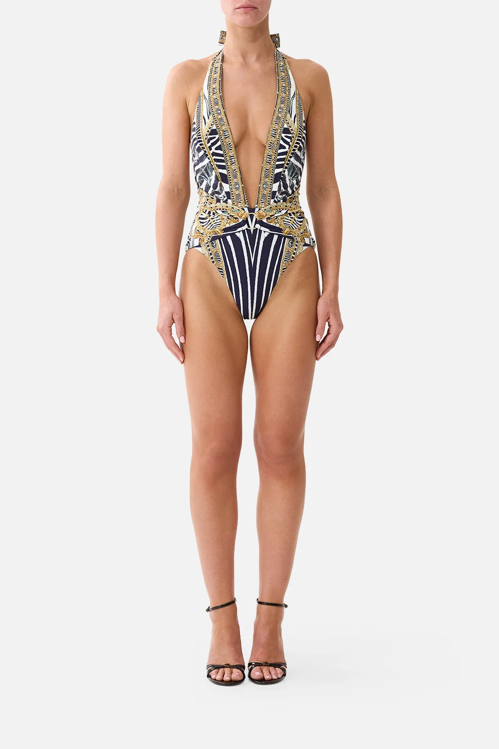 PLUNGE HALTER ONE PIECE W PLEATED WAIST TRIM ZIG ZAG ZOO - 1