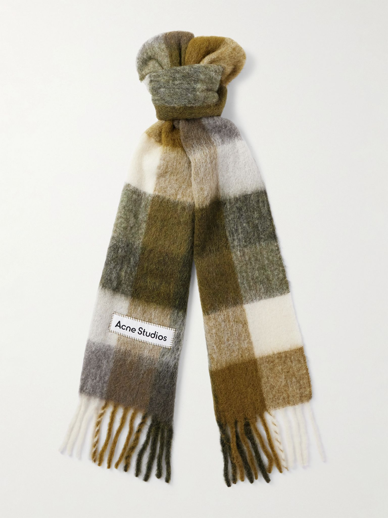 Vally Fringed Checked Knitted Scarf Green - 1