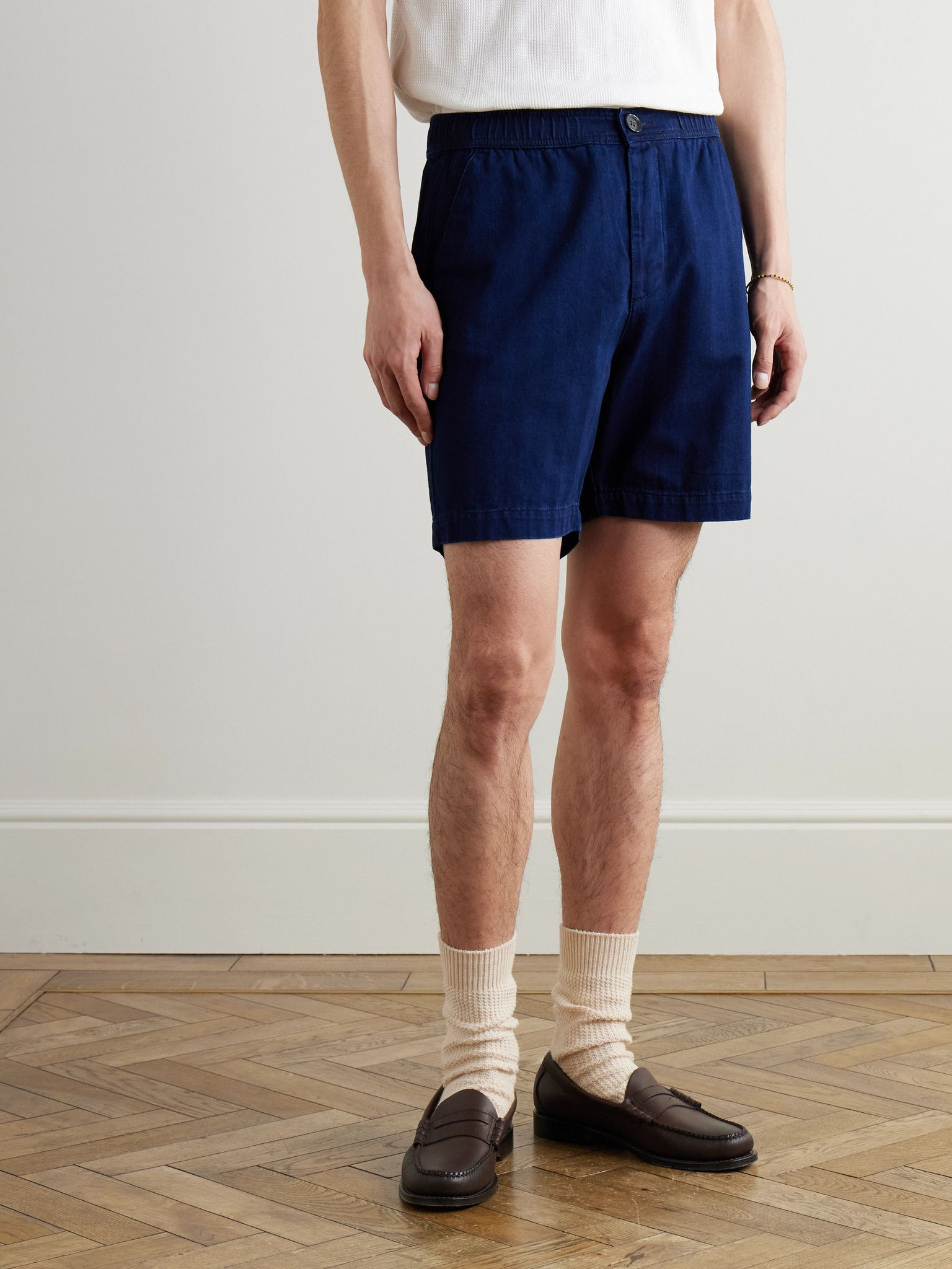 Osborne Straight-Leg Herringbone Cotton Shorts Blue - 3