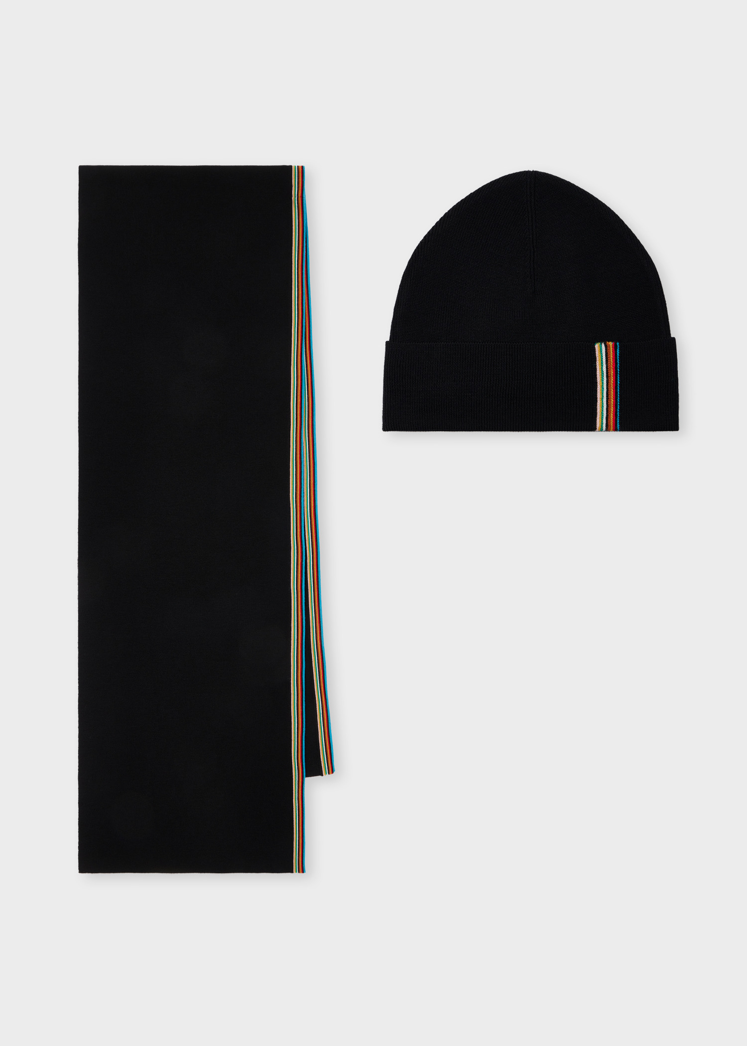 Black Merino Wool 'Signature Stripe' Trim Beanie & Scarf Set - 1