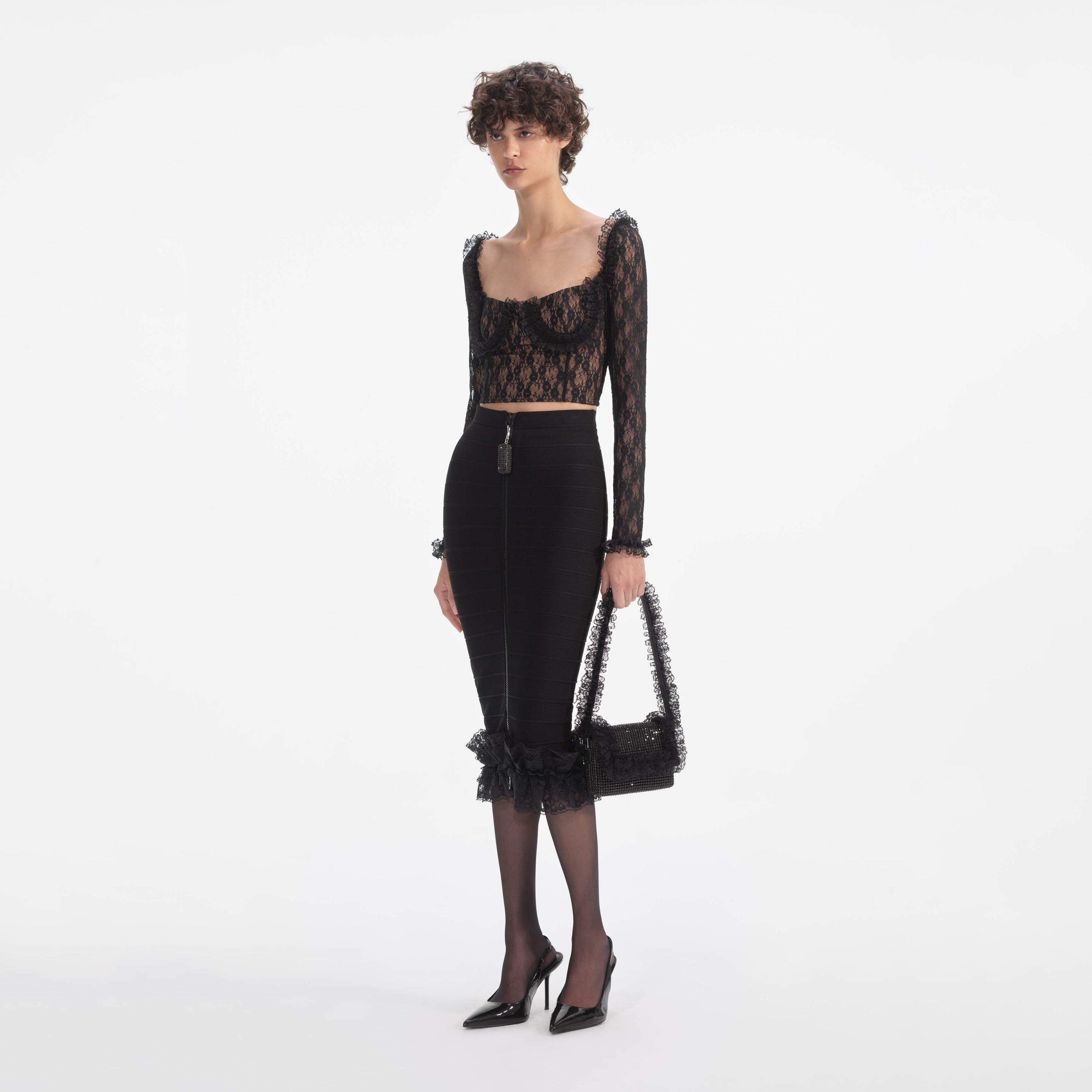 Black Lace Ruffle Top - 2