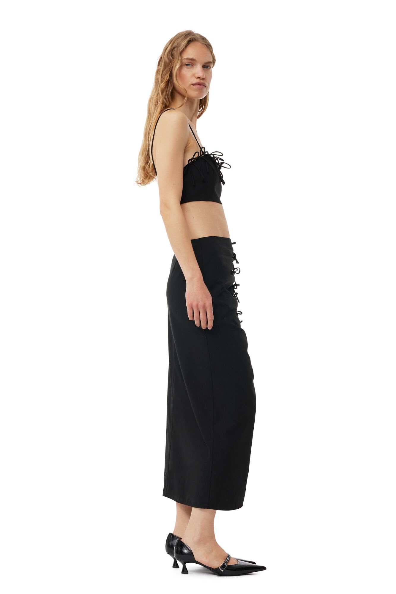 BLACK DRAPEY MELANGE MIDI SKIRT - 4