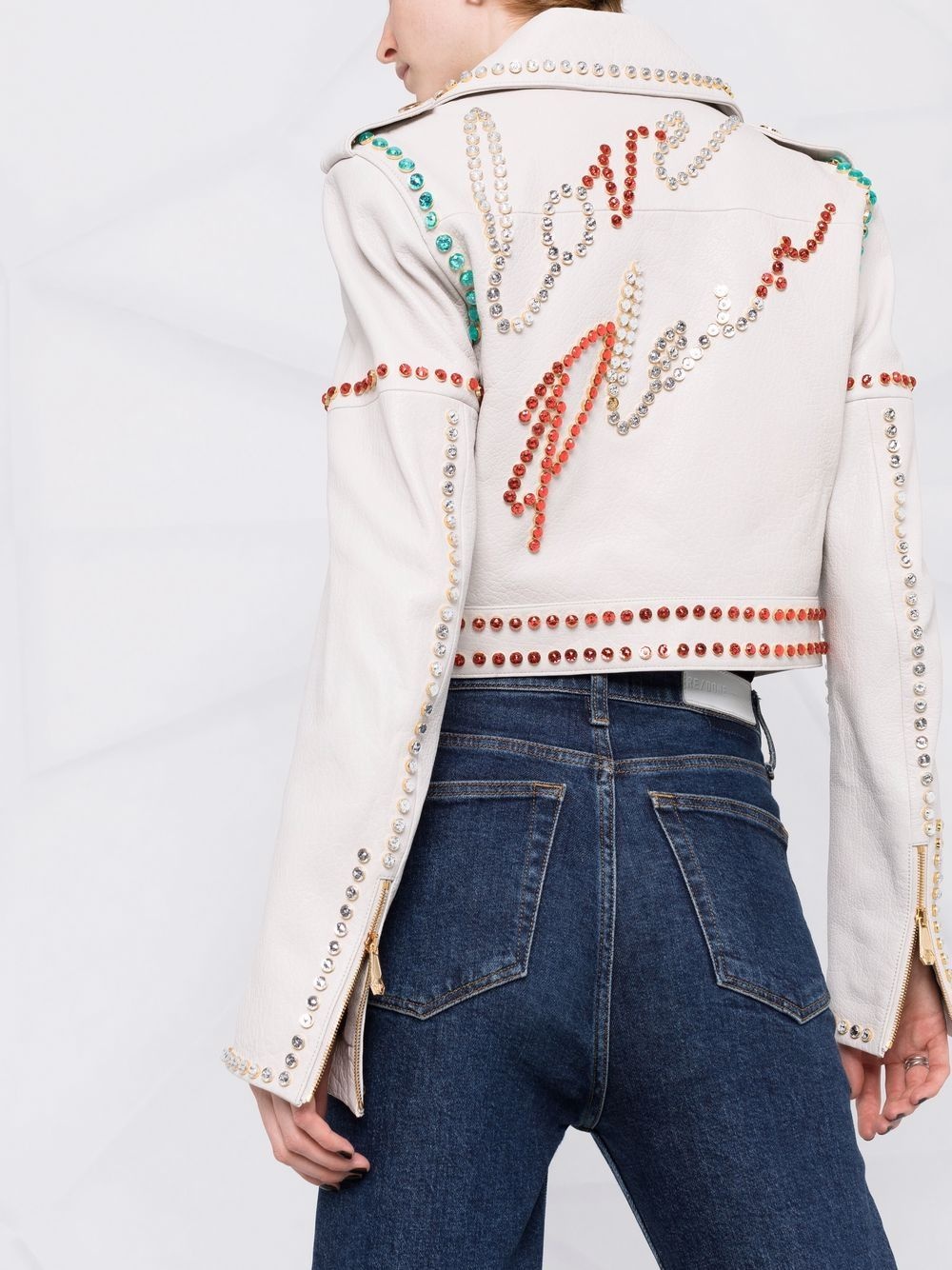 crystal-trim studded cropped biker jacket - 3