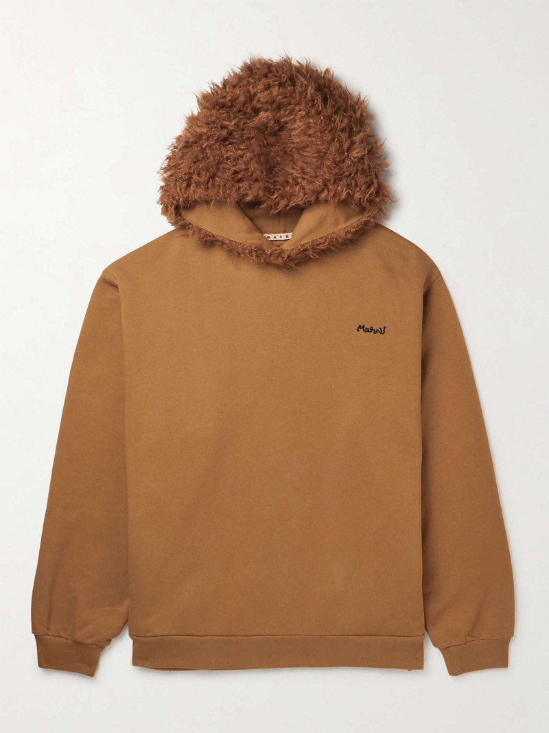 Logo-Embroidered Faux Shearling-Trimmed Cotton-Jersey Hoodie 1