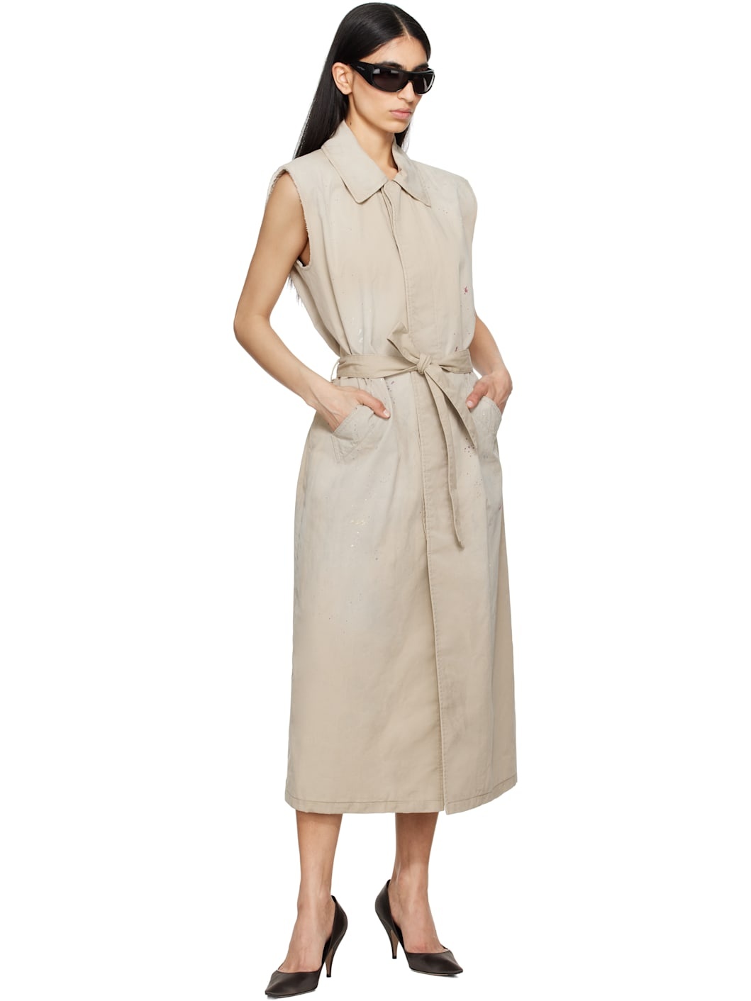 Beige Sleeveless Trench Coat - 4