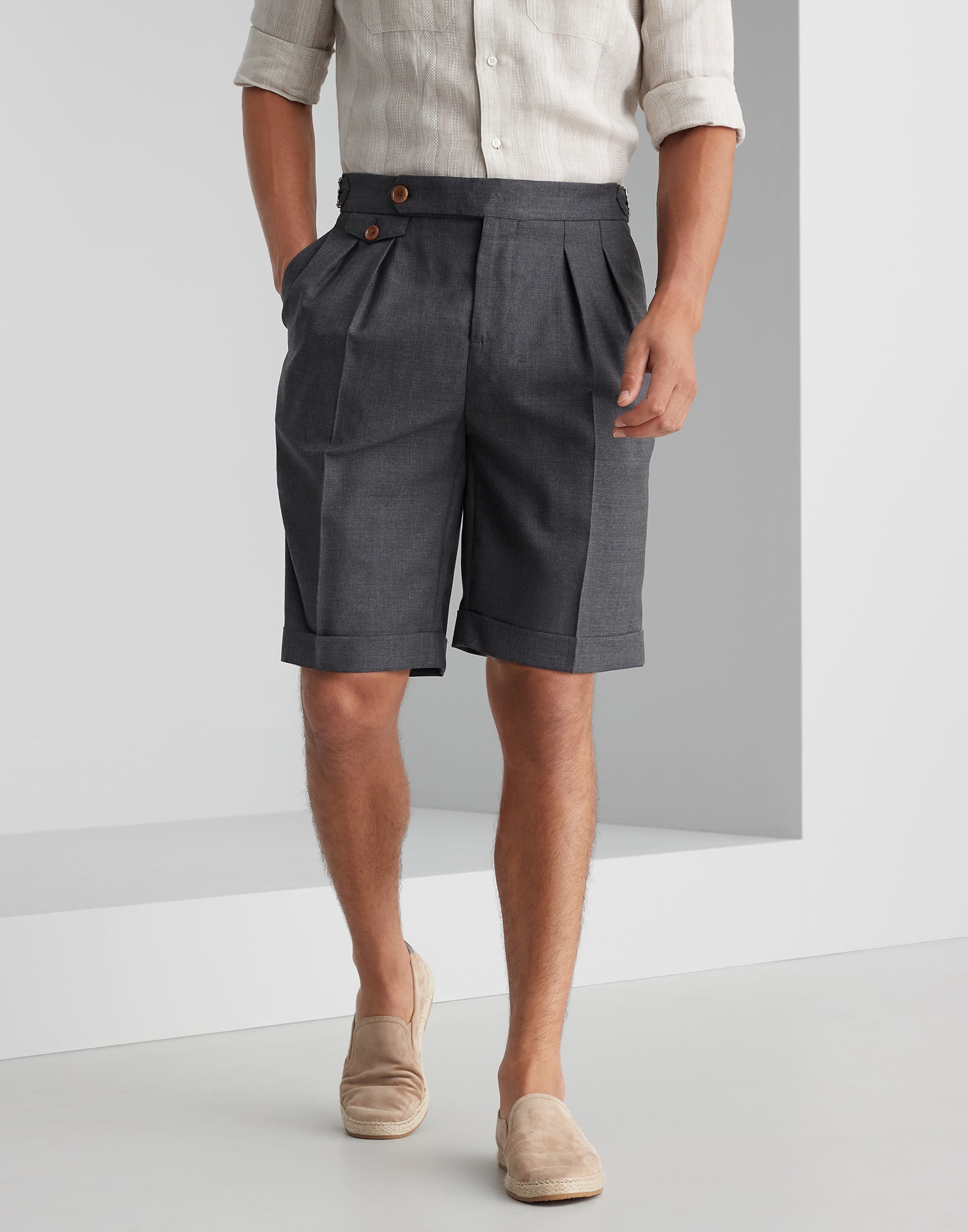 Virgin wool fresco Bermuda shorts with double pleats and waist tabs - 1