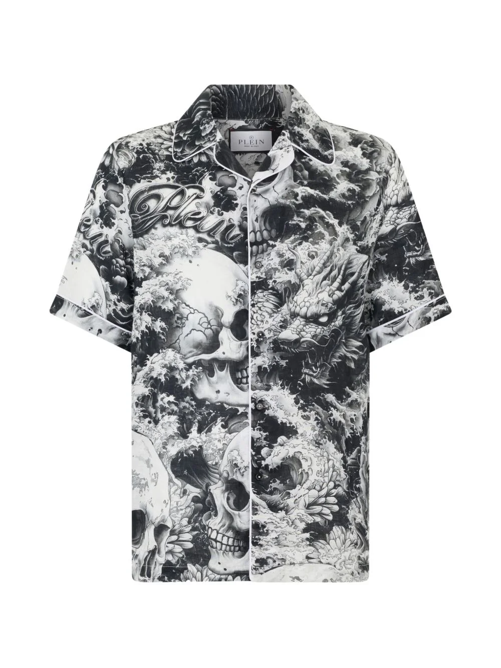 skull dragon print bowling shirt - 1