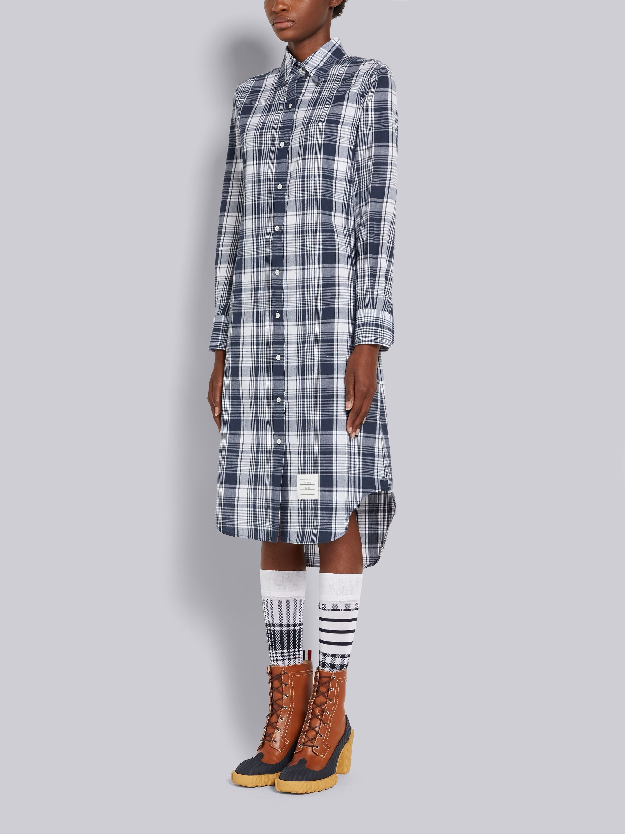 Navy Hairline Madras Check Point Collar Knee Length Shirtdress - 2