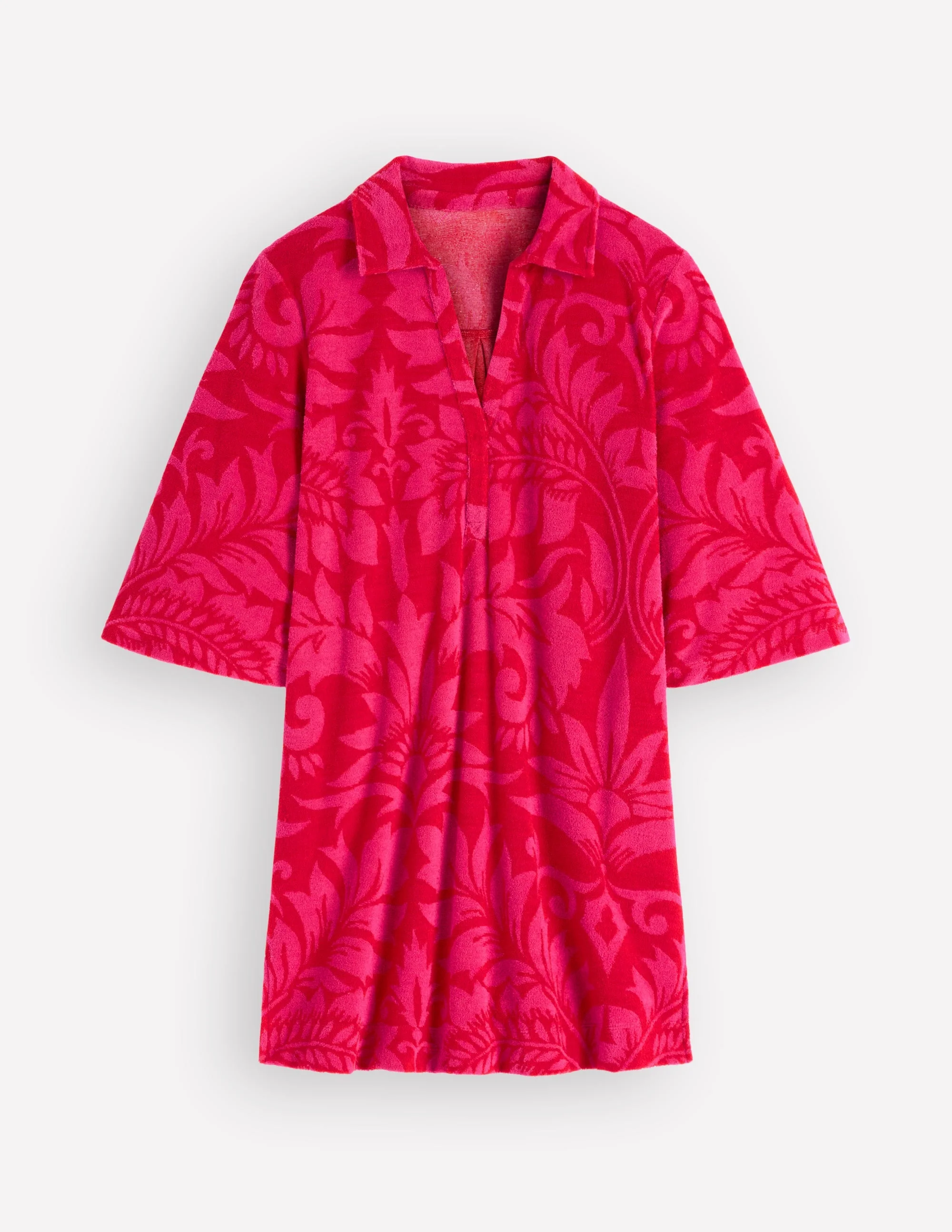 Short Collared Towelling Dress-Merida Red, Ornamental Foliage - 1