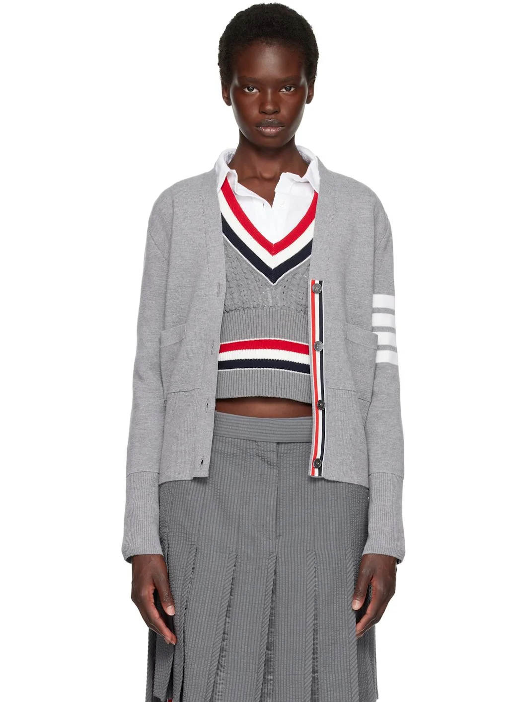 Gray Wool 4-Bar V-Neck Cardigan - 1